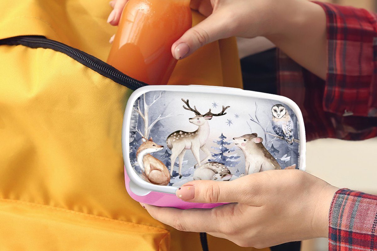 MuchoWow Lunchbox Winter Erwachsene, Snackbox, rosa (2-tlg), für Brotbox Kunststoff, Kinder, - Kunststoff Mädchen, Schnee, Tiere Brotdose 