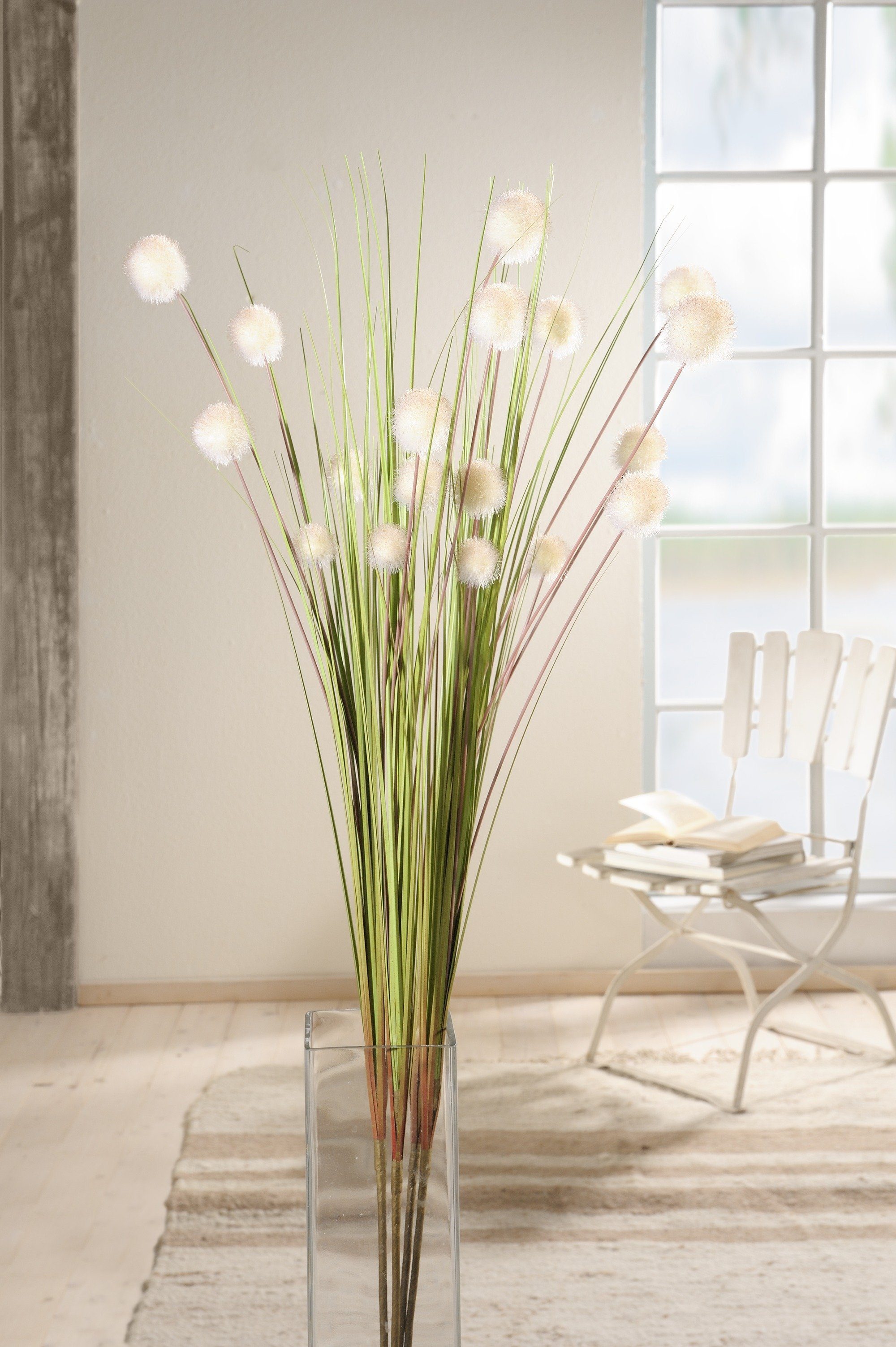 Kunstgras Dekobündel "Blütenkugel" Gras, Dekoleidenschaft, Höhe 105 cm, 4er Set Kunstgräser mit je 5 weißen fluffigen Blütenständen