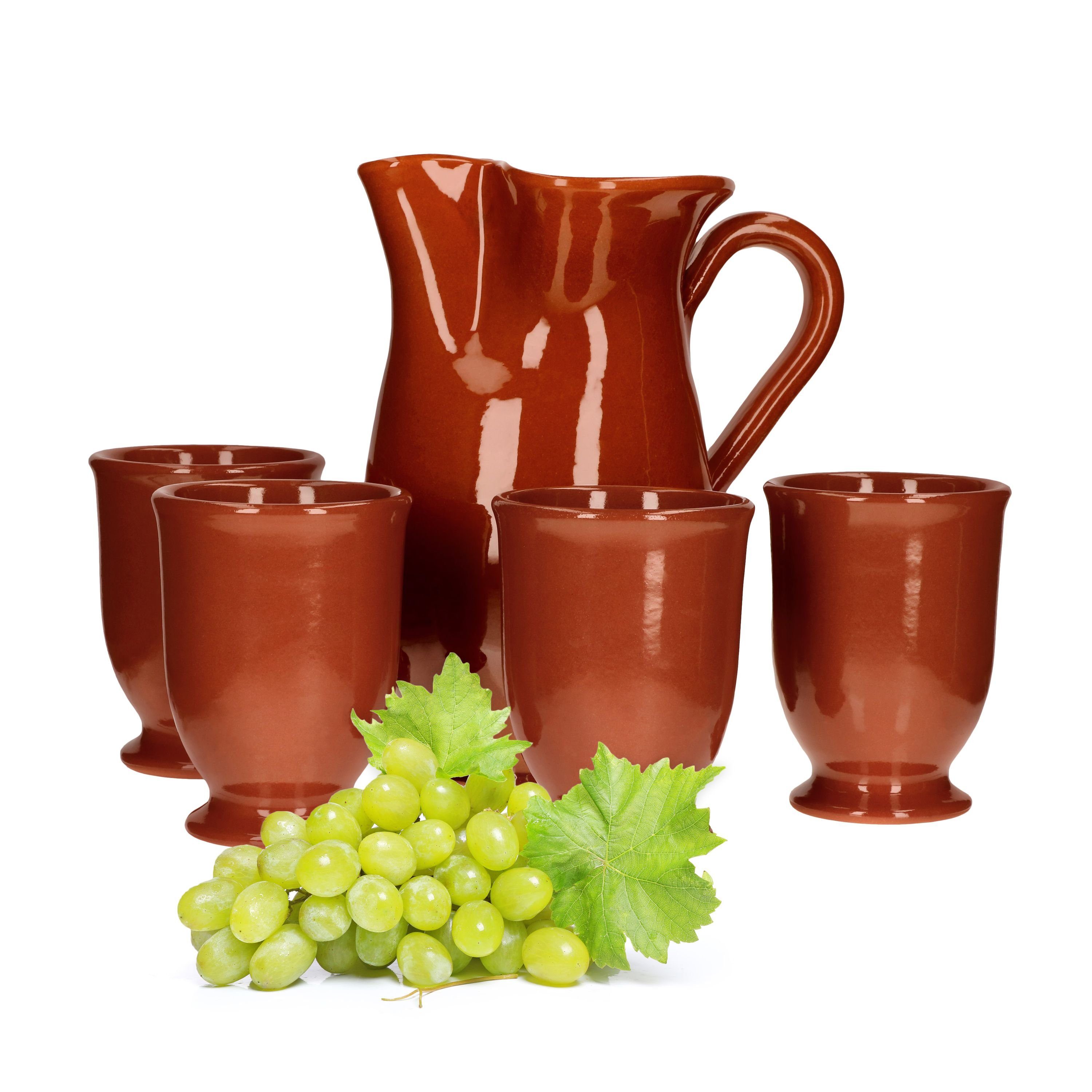 Becher 5tlg.-Set: Tonkrug 1L + 4 Tonbecher 175ml Geschirr braun Kanne Tassen