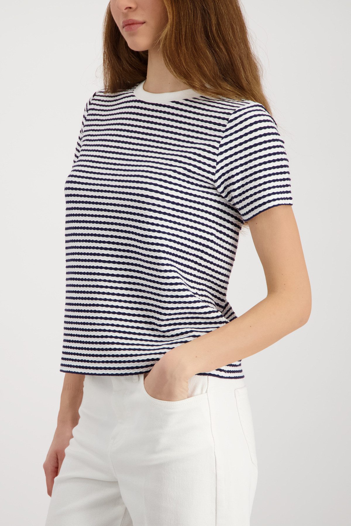 Monari Rundhalsshirt Shirt Struktur mit Streifen