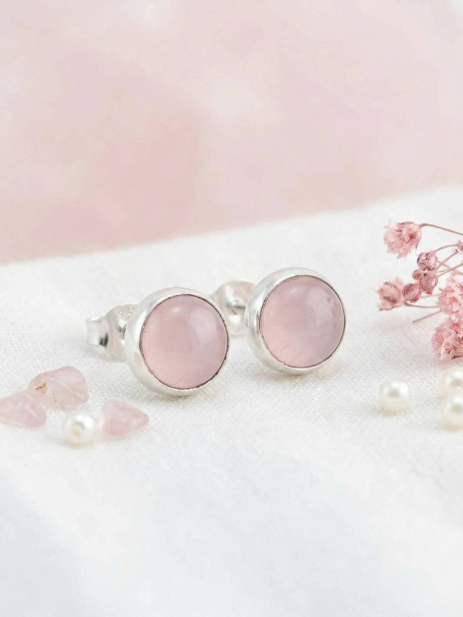 mantraroma Paar Ohrstecker SAMA rund klein aus 925 Silber mit Rosenquarz (Paar, Paar Ohrringe mit Schmuckbeutel), 925 Sterling Silber Ohrringe für Damen