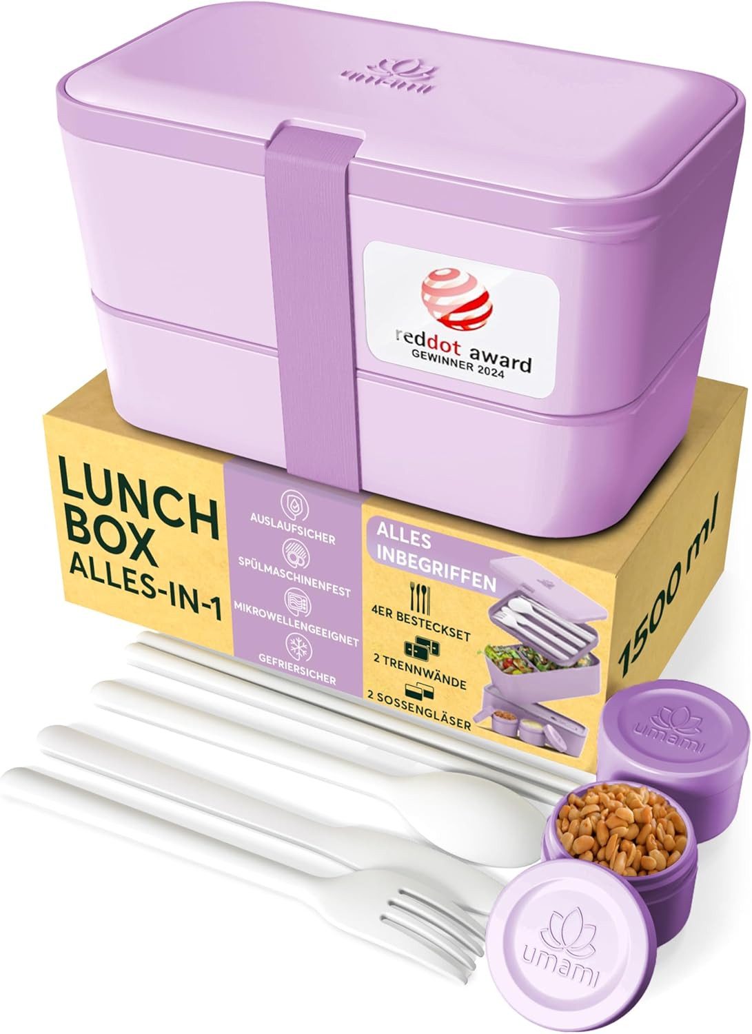 UMAMI Lunchbox Bento für Erwachsene mit Besteck und 2 Saucenbehältern, (Inkl. Zubehör Brotdose mit Fächern für Meal Prep), als Brotdosen für Salat, Snack Bento Box, Auslaufsichere Brotdose
