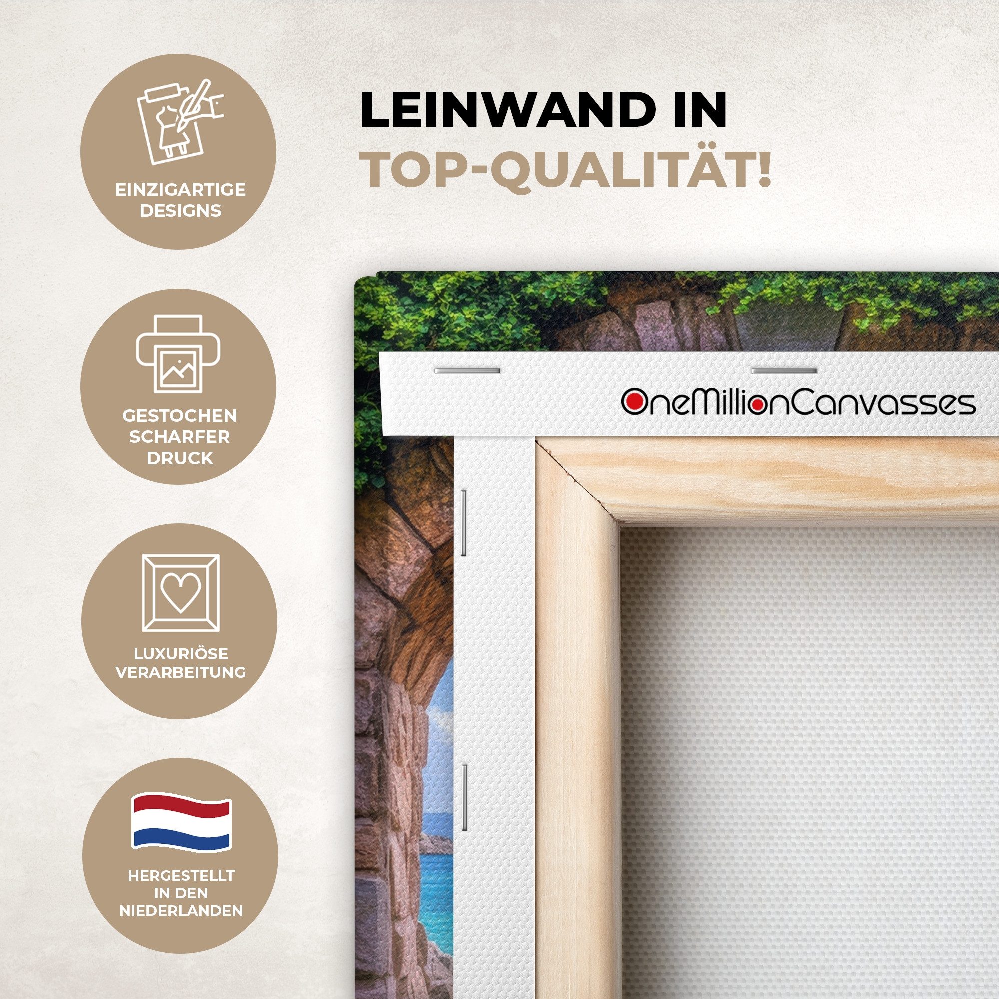 OneMillionCanvasses® Leinwandbild Aussicht - Tor - Meer - Strand - Felsen, Fotodruck (1 St), Leinwand Canvas Wandbild, Wanddekoration 20x30 cm