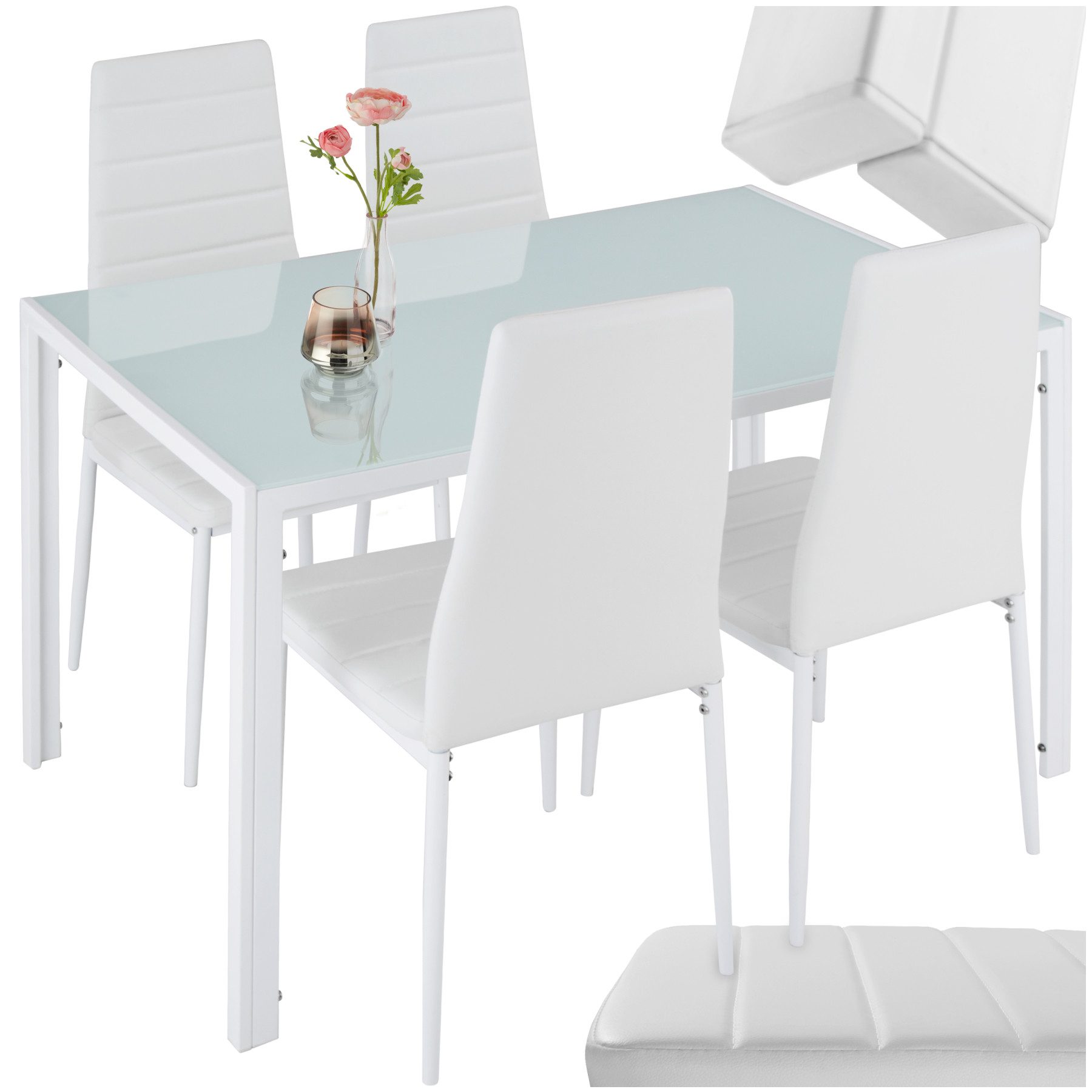 tectake Sitzgruppe Essgruppe Berlin 4+1, gepolstert mit Kunstlederbezug, weiß, (Set., 5-tlg), Robuste Tischplatte aus Sicherheitsglas