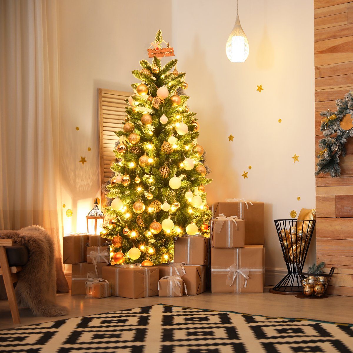 COSTWAY Künstlicher Weihnachtsbaum, mit 300 PVC Nadeln, 150 LEDs, 150cm