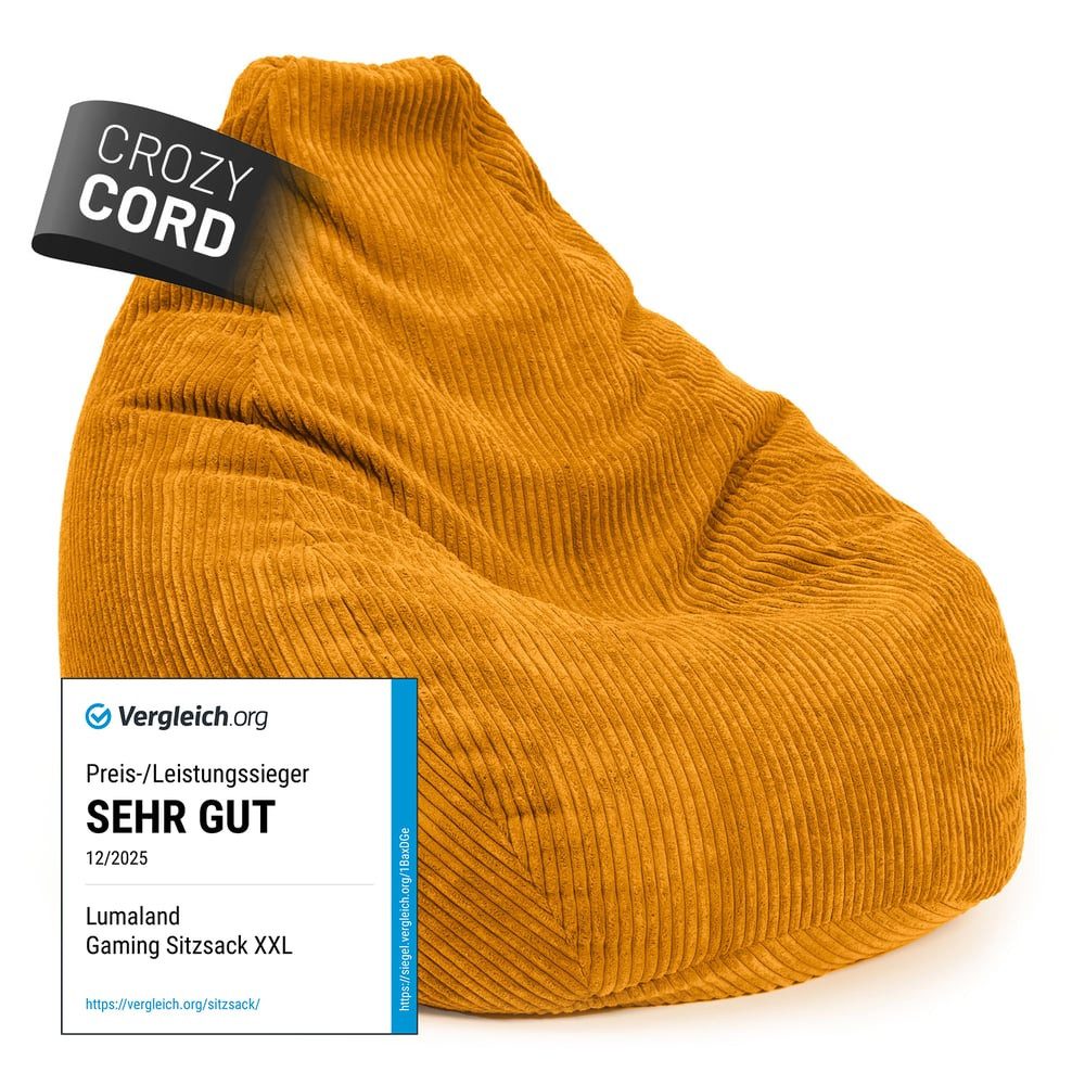 Lumaland Sitzsack Gaming-Sitzsack Cord 350l senfgelb, supersofte Füllung EPS-Perlen