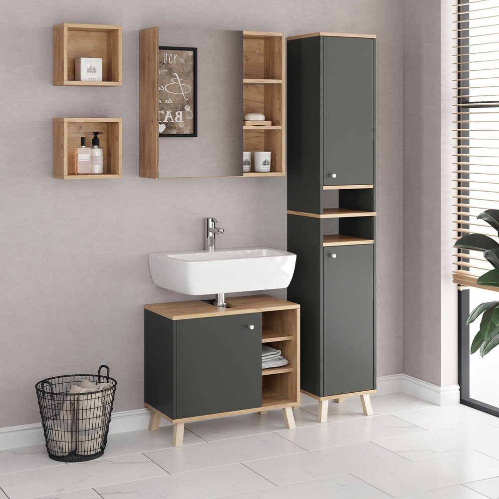Vicco Badmöbel-Set Senyo, Anthrazit/Goldkraft Eiche, 4 Teile, mit Hochschrank, (5-er Set, 5-St., 5er Set)