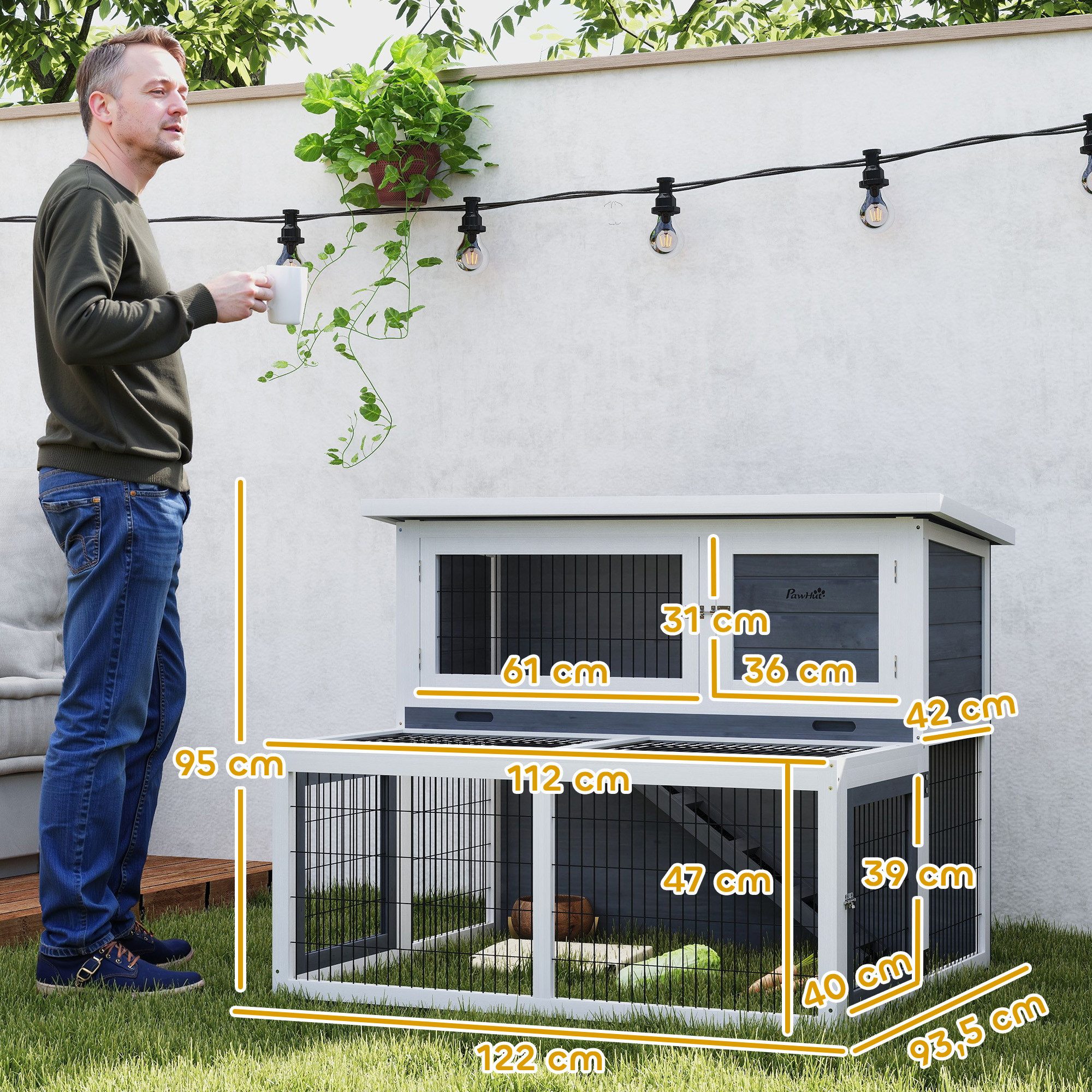 PawHut Kleintierstall Hasenstall 2 Ebenen mit klappbar Dach Kaninchenstall, 122 x 95 x 93,5 cm, Outdoor, für Hasen, Kaninchen, Grau