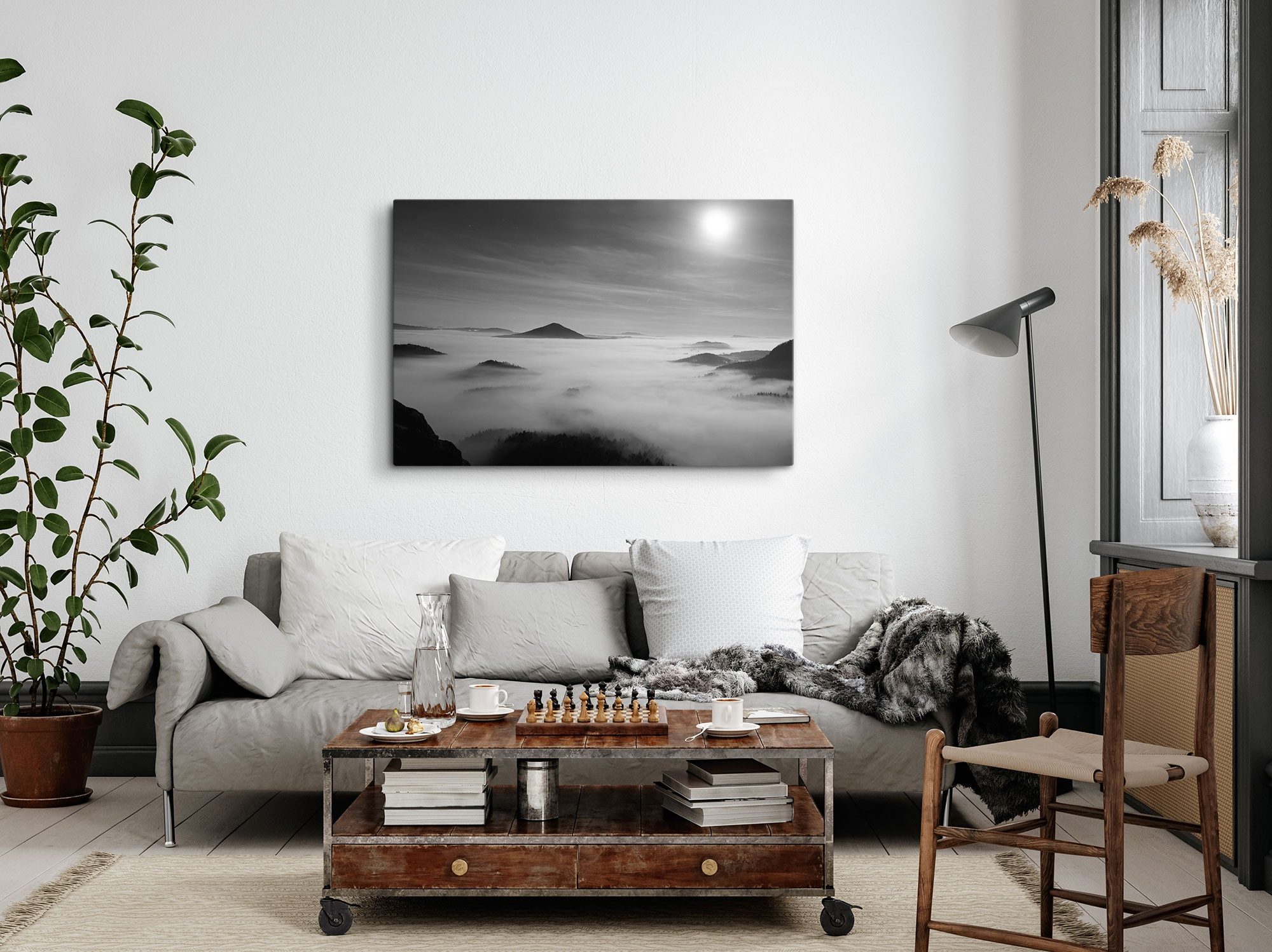 Sinus Art Leinwandbild 120x80cm Wandbild auf Leinwand Schwarz Weiß Fotografie Berge über den, (1 St) – Bild 3 von 5
