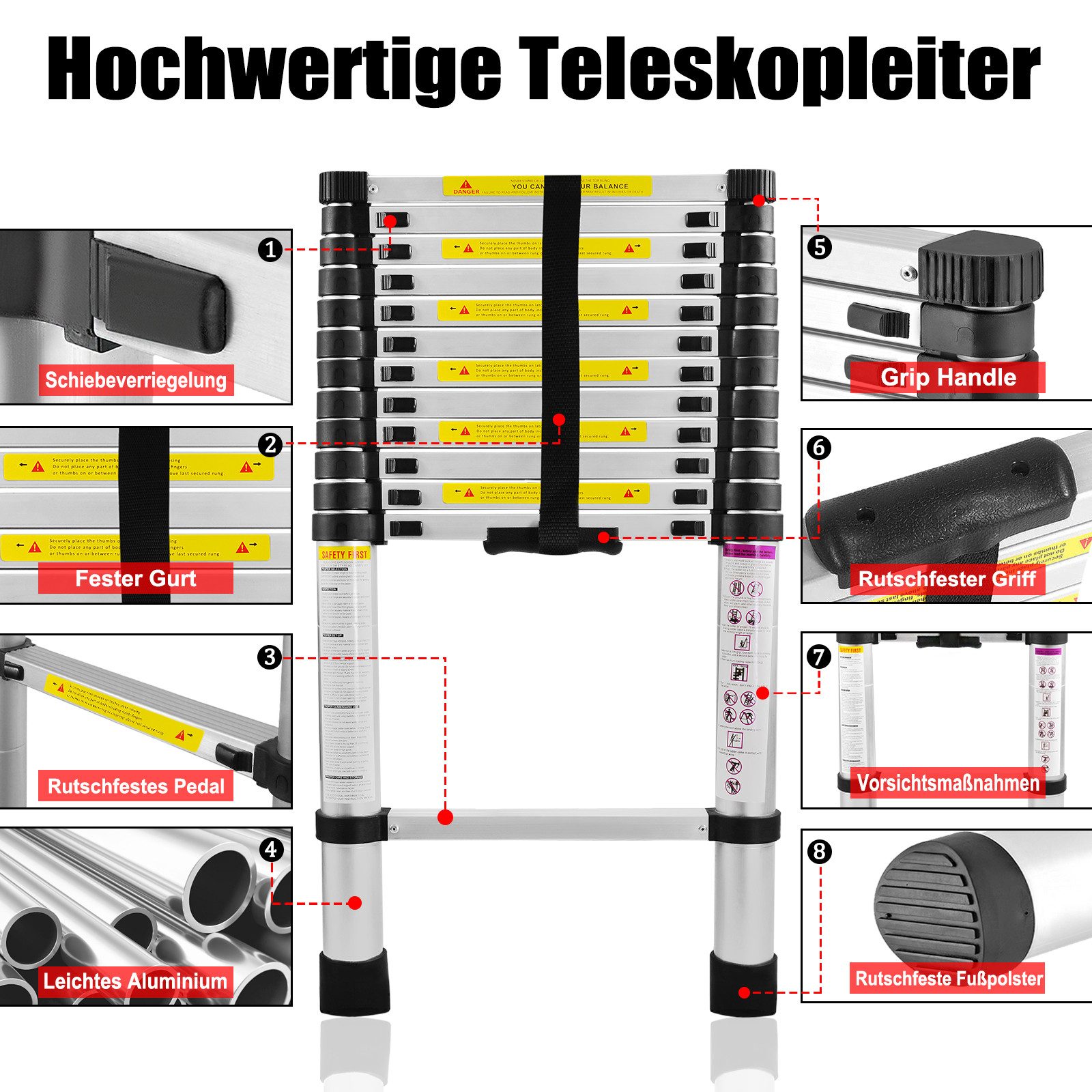 FIVMEN Teleskopleiter Ausziehbare Leiter Rutschfester Aluleiter Schiebeleiter, Ausziehleiter Aluminiumleiter Teleskop-Design Mehrzweckleiter – Bild 5 von 5
