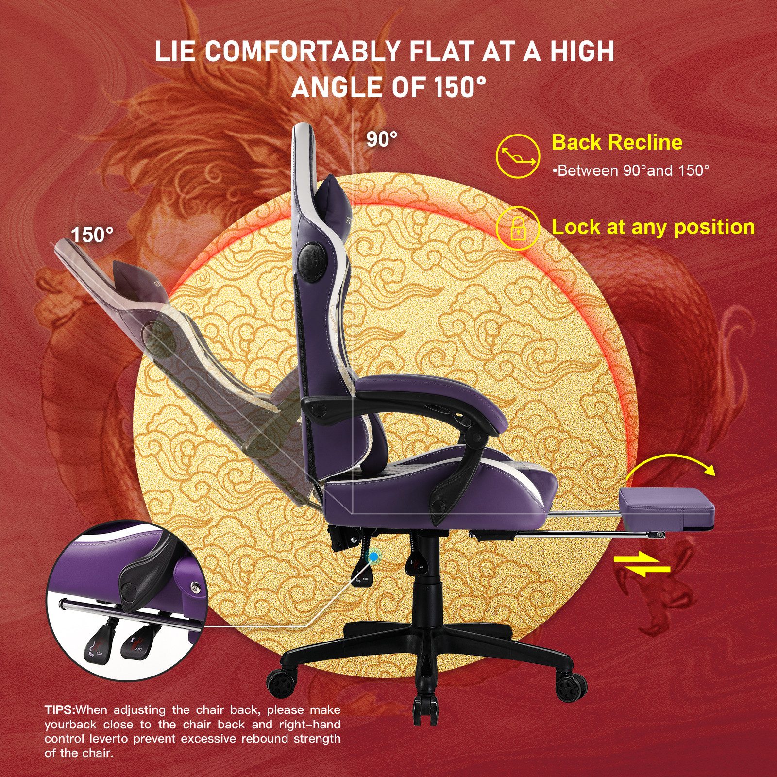 GTPLAYER Gaming-Stuhl Gamer Stuhl mit Bluetooth-Lautsprechern und Fußstütze, Dragon Series, Bürostuhl, Ergonomischer Gaming-Stuhl, Drehsessel, Computerstuhl