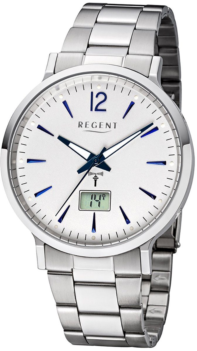 Regent Funkuhr Regent Herren Uhr FR-246 Metall Funkwerk, Herren Funkuhr rund, groß (ca. 40mm), Metallarmband weiß