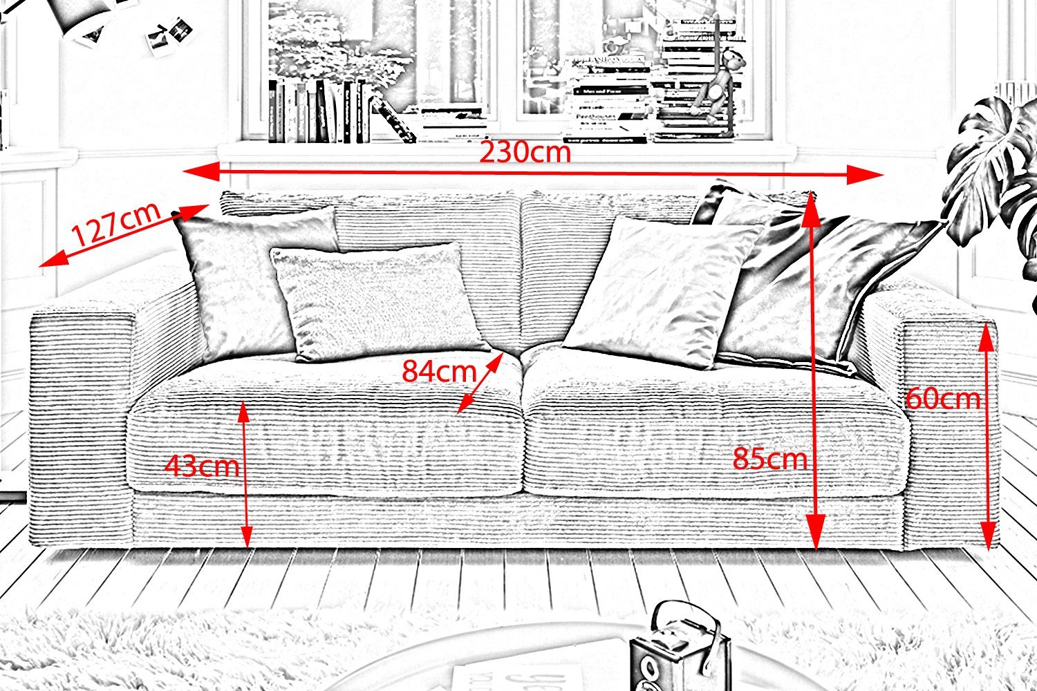 3-Sitzer MADELINE, Sofa Cord 2-Sitzer rost Farben versch. od. KAWOLA