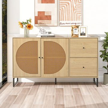 WISHDOR Sideboard Kommode (mit 2 Rattan verzierten Türen und 2 Schubladen Kommode Küchenschrank)