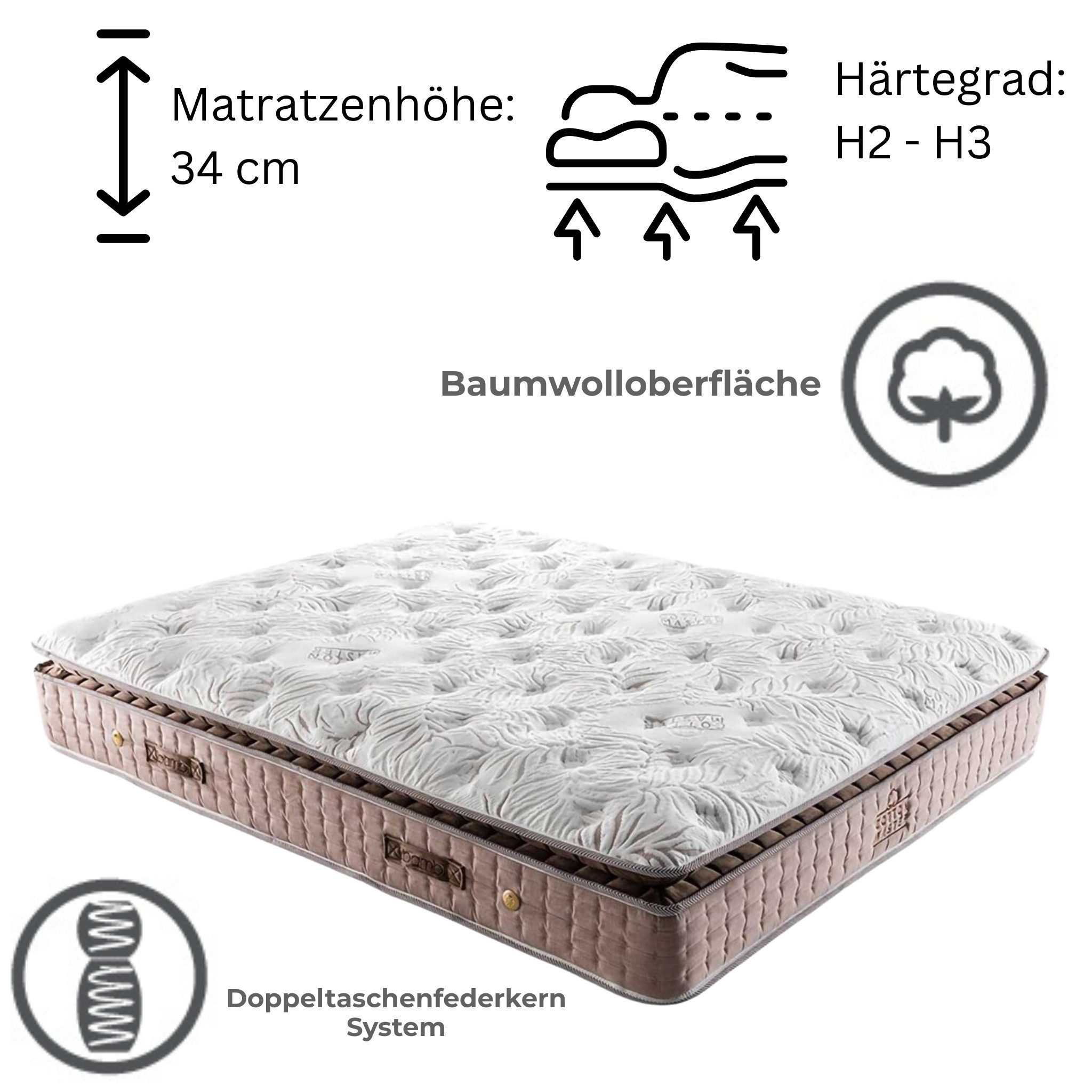 Taschenfederkernmatratze 9 Schichten mit Topper Matratze 90x200 - 180x200 Cotton, gowoll, 34 cm hoch