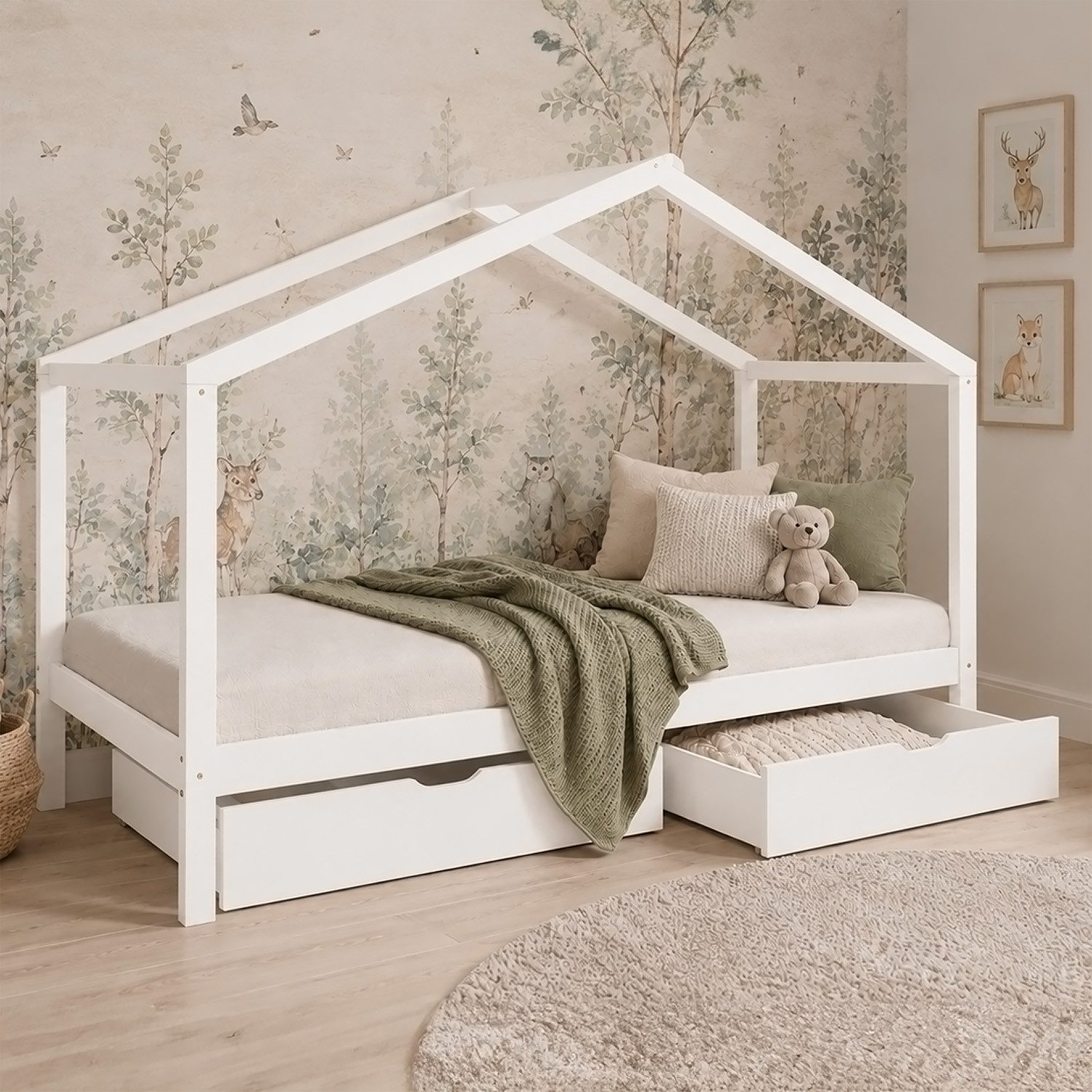 Homestyle4u Kinderbett 90x200 mit Bettkasten Stauraum Hausbett Mädchen Junge mit Dach (Set, mit Lattenrost & 2 Schubladen/Bettkasten), mit Strauraum