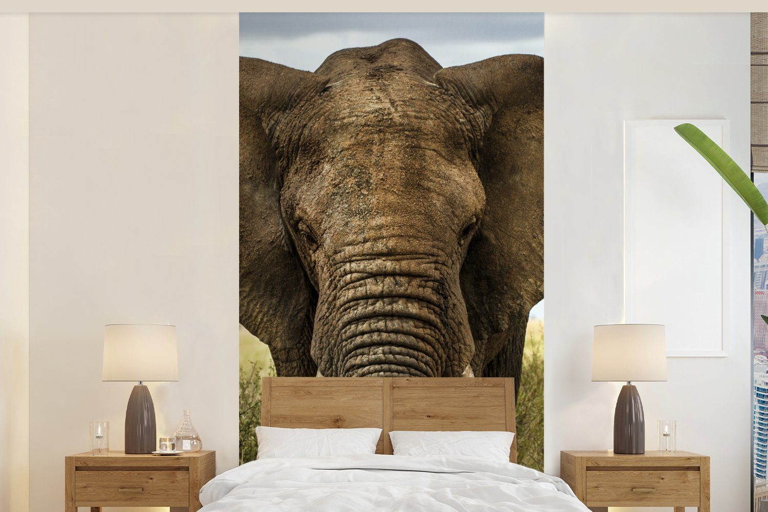 bedruckt, - MuchoWow Elefant Matt, Schlafzimmer - Fototapete - Landschaft, - (2 Fototapete Vliestapete Küche, Gras Tiere Wohnzimmer St), für Natur