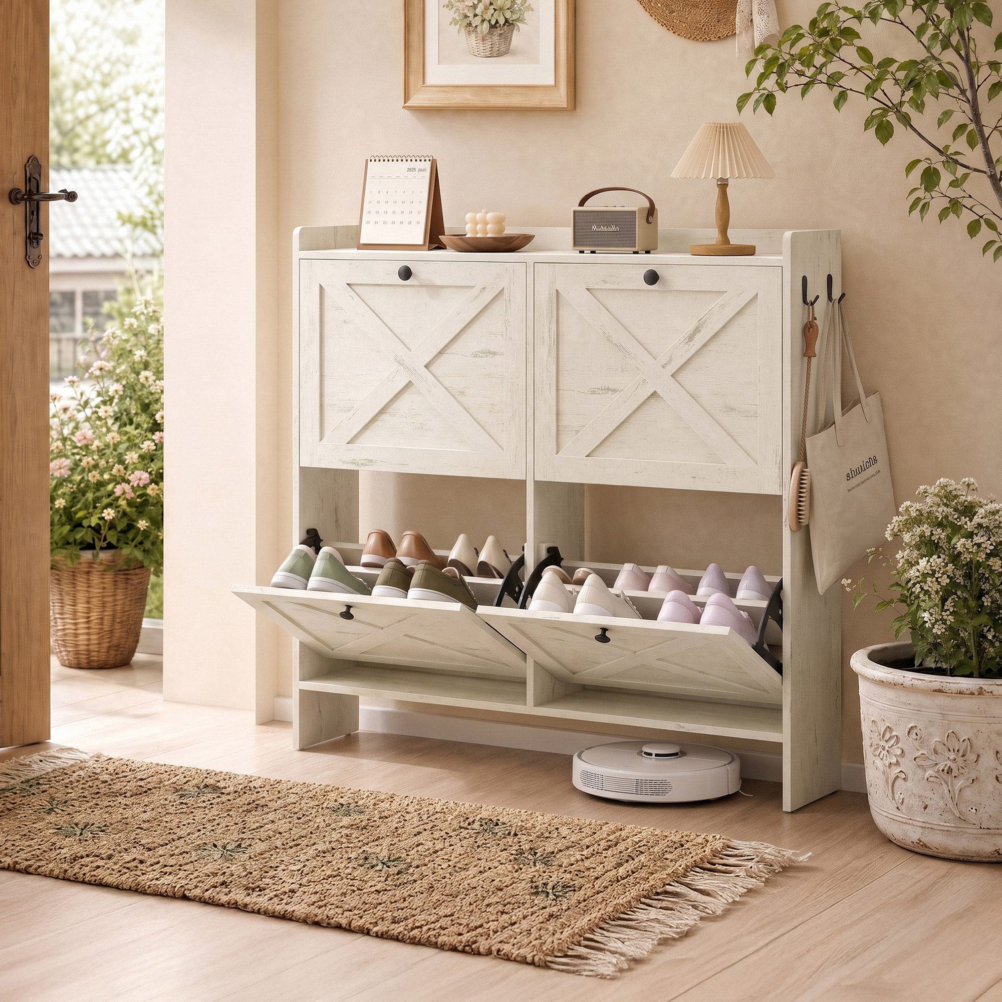 VASAGLE Schuhschrank Landhausstil, für Flur und Wohnzimmer mit 4 Klappen, Platzsparend für 24 Paar Schuhe, 105,5 x 24 x 101,7 cm