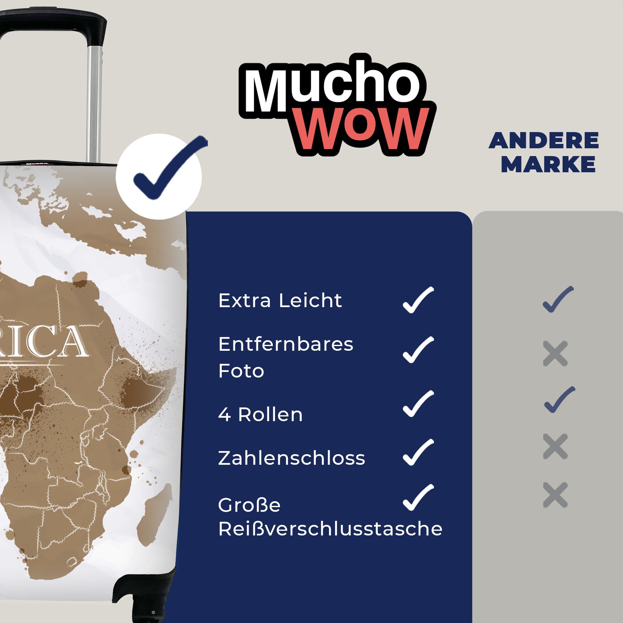 Afrika, für Reisetasche Trolley, 4 Ferien, - Weltkarte Handgepäckkoffer Reisekoffer mit Braun - Rollen, Handgepäck MuchoWow rollen,
