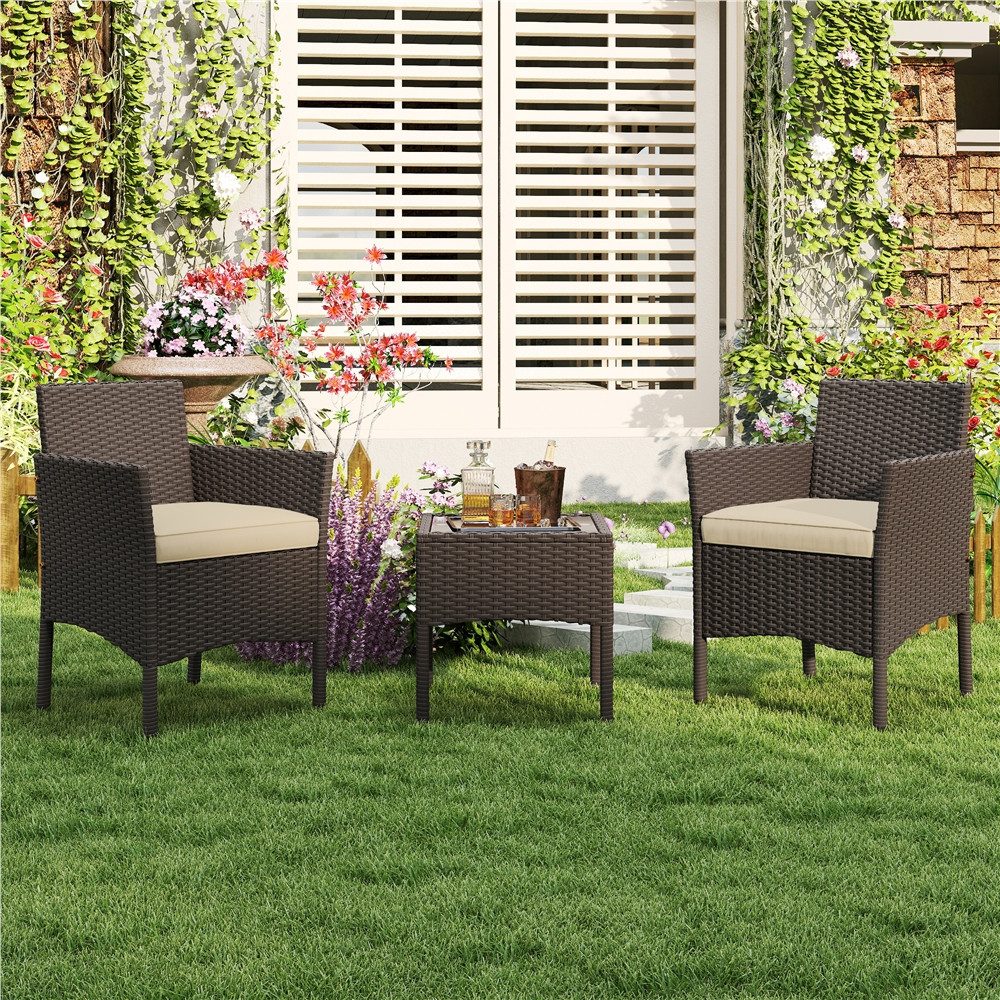 Yaheetech Balkonset Gartenmöbel-Set 3-Teilig in Rattanoptik für 2 Personen, Gartengarnitur inkl. 2 Stühle mit Kissen & Tisch mit Hartglasplatte
