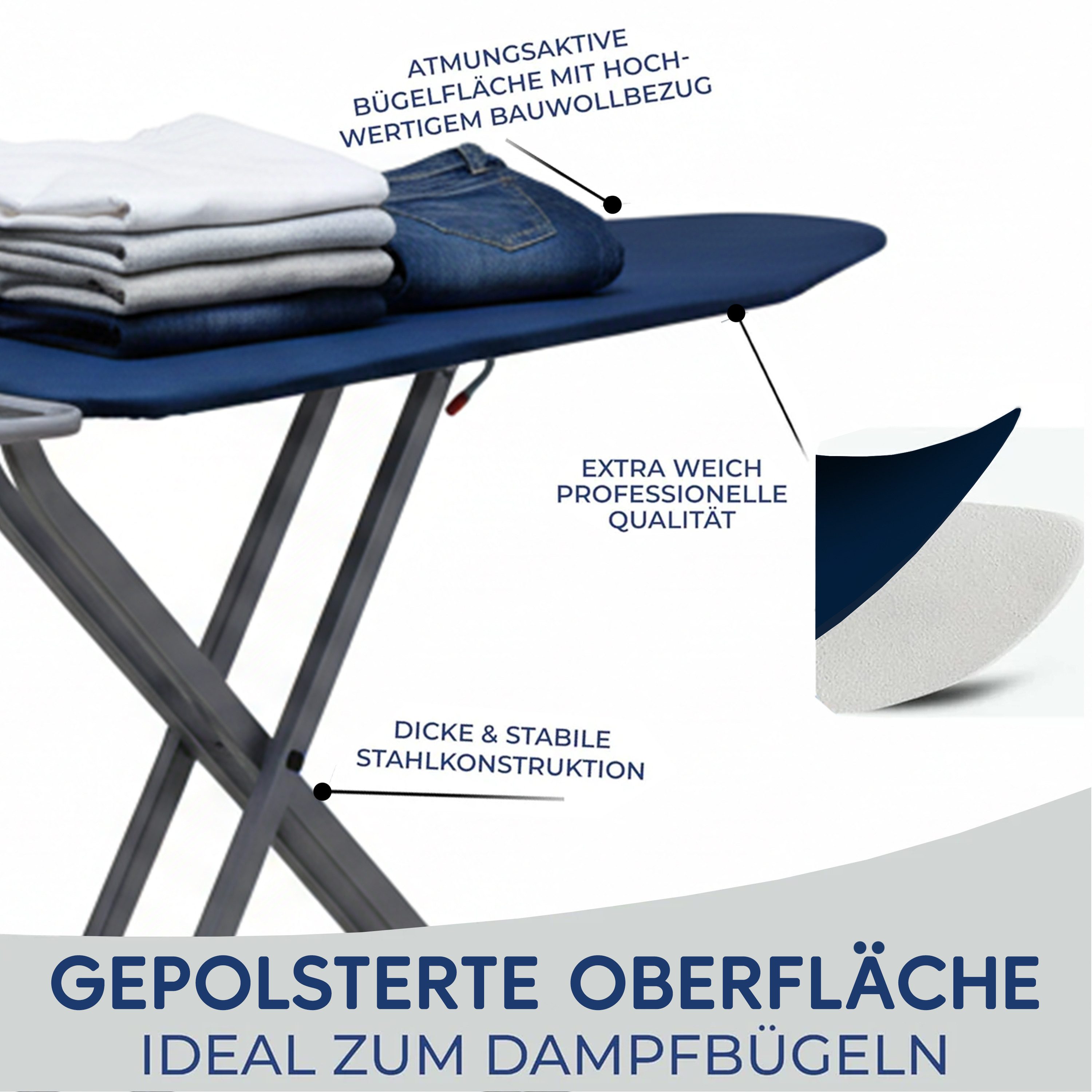 STAHLMANN COMMERCE GmbH Bügelbrett großes Bügelbrett [120x44 Bügelfläche] mit Kleidungsplatte, Bügelfläche 44x120 cm, robuster Bügeltisch – extra stabiles Bügelbrett