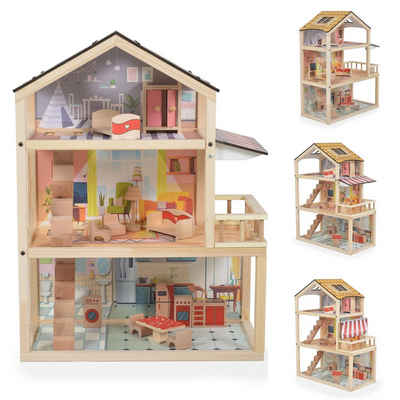 Moni Puppenhaus Holz-Puppenhaus Nina EV17, fertig montiert 3 Ebenen 13-tlg. Möbel-Set Balkon