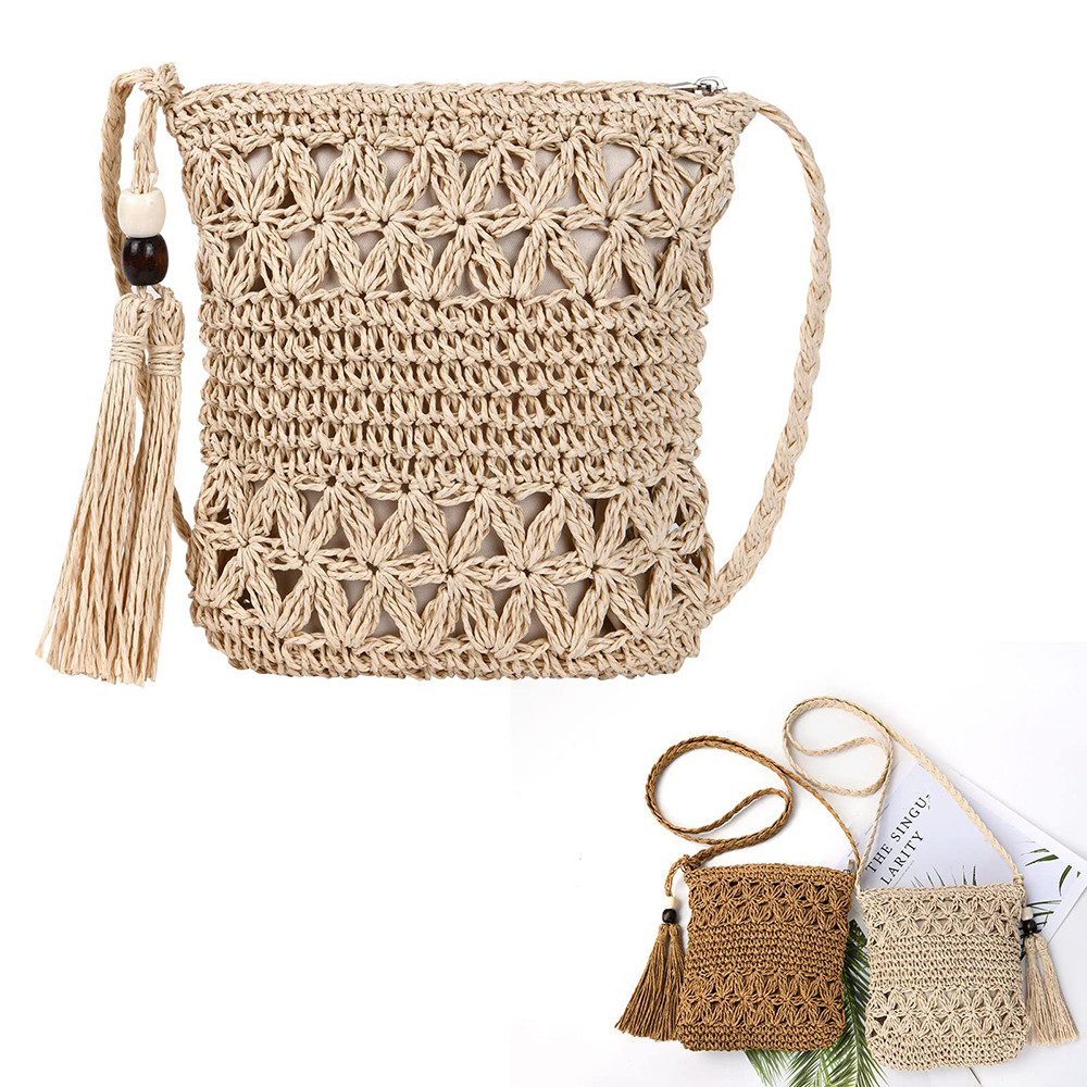 Oemmn Schultertasche Strandtasche für Damen, gehäkelte Sommertasche,Sommertasche, Geflochtene Tasche Boho,Vintage Strandtasche aus Stroh mit Quaste