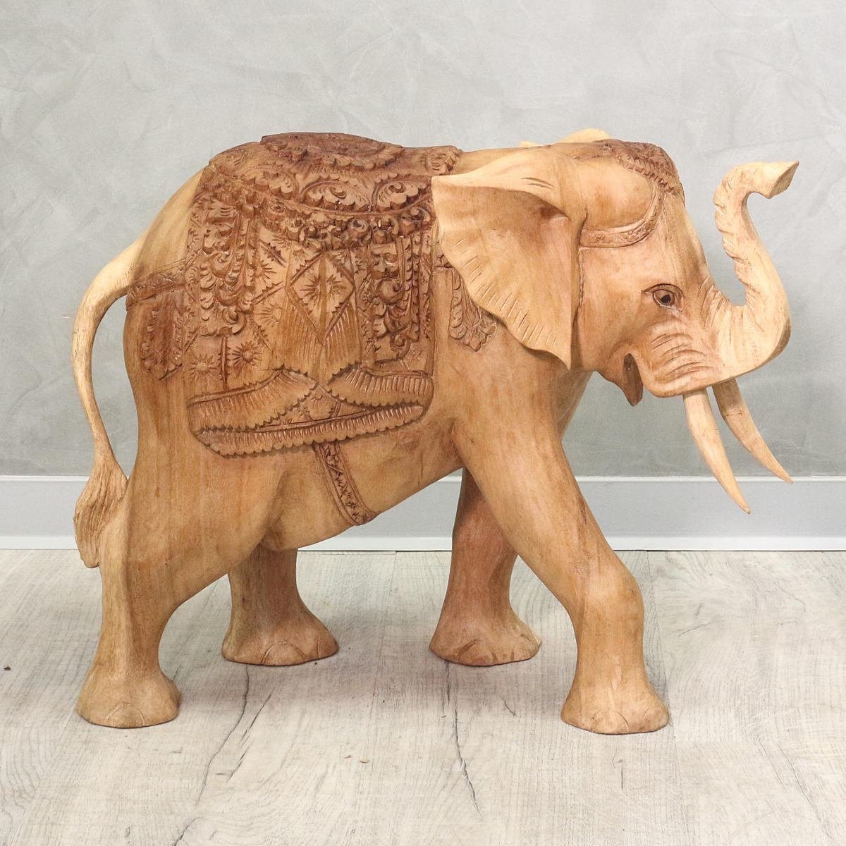 Oriental Galerie Dekofigur Elefant Skulptur mit aufwendiger Schnitzerei Natur 40 cm (1 St), traditionelle Herstellung in Handarbeit im Ursprungsland