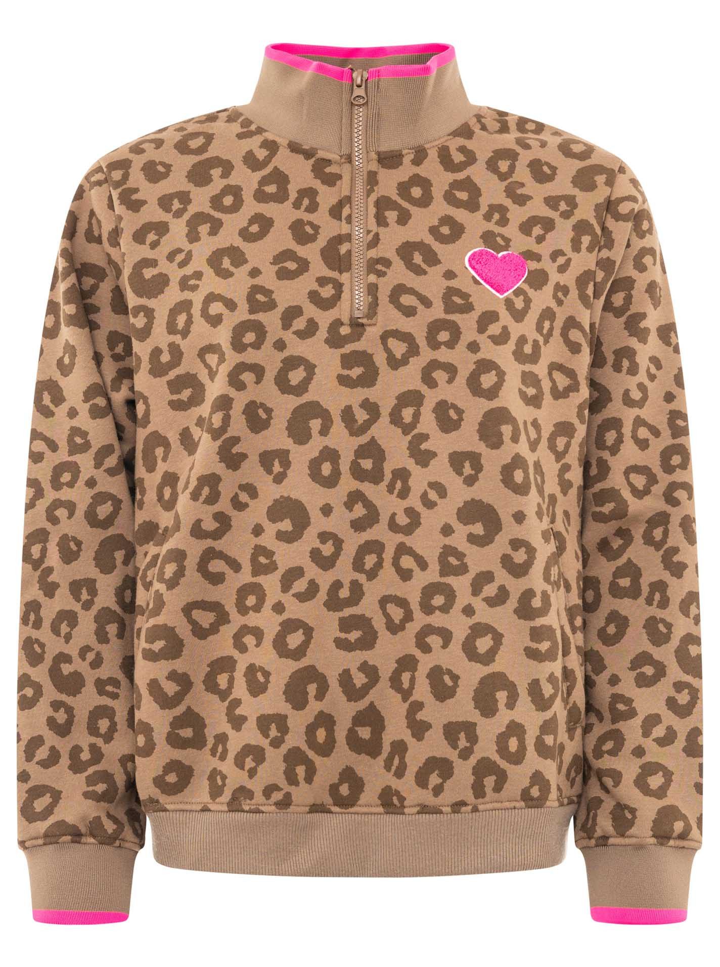 Zwillingsherz Troyer "Leo Love" Stehkragen mit Zipper, Leo-Allover-Muster, pinke Kanten & Herzpatch