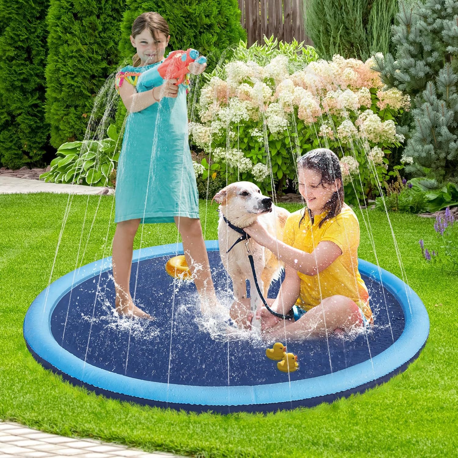BlingBin Hundepool D170 cm/67 in Planschbecken für Große & Kleine Hunde mit Wasserdüse, (1er Set, 1-tlg., Ø170 cm), 0.55mm Verdickt Anti-Rutsch Sprinkler Matte Splash Pad für Sommer