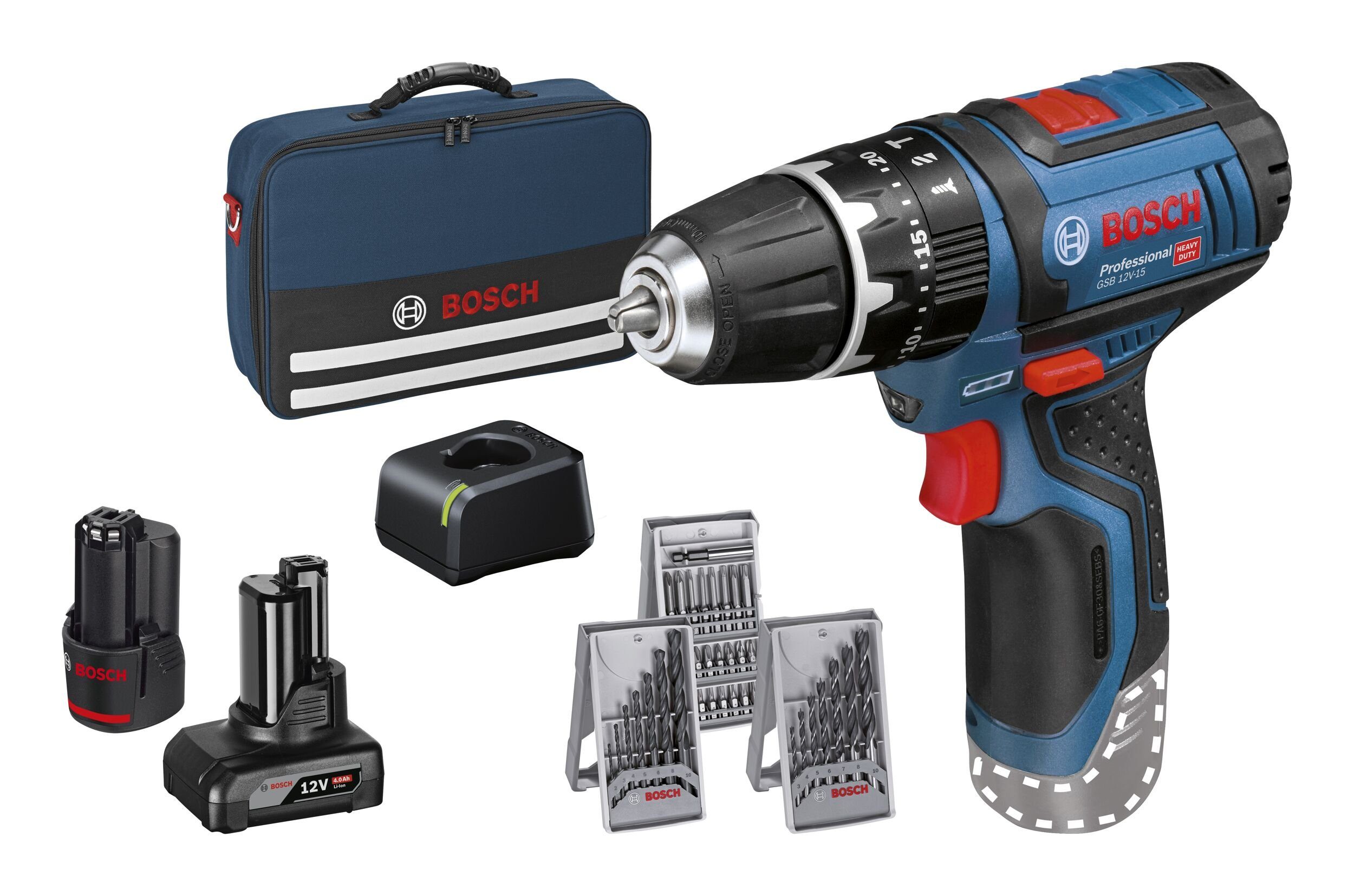 Bosch Professional Akku-Schlagbohrschrauber GSB 12V-15, 12 V, Mit 2x Akku 2 Ah/4 Ah - im Karton