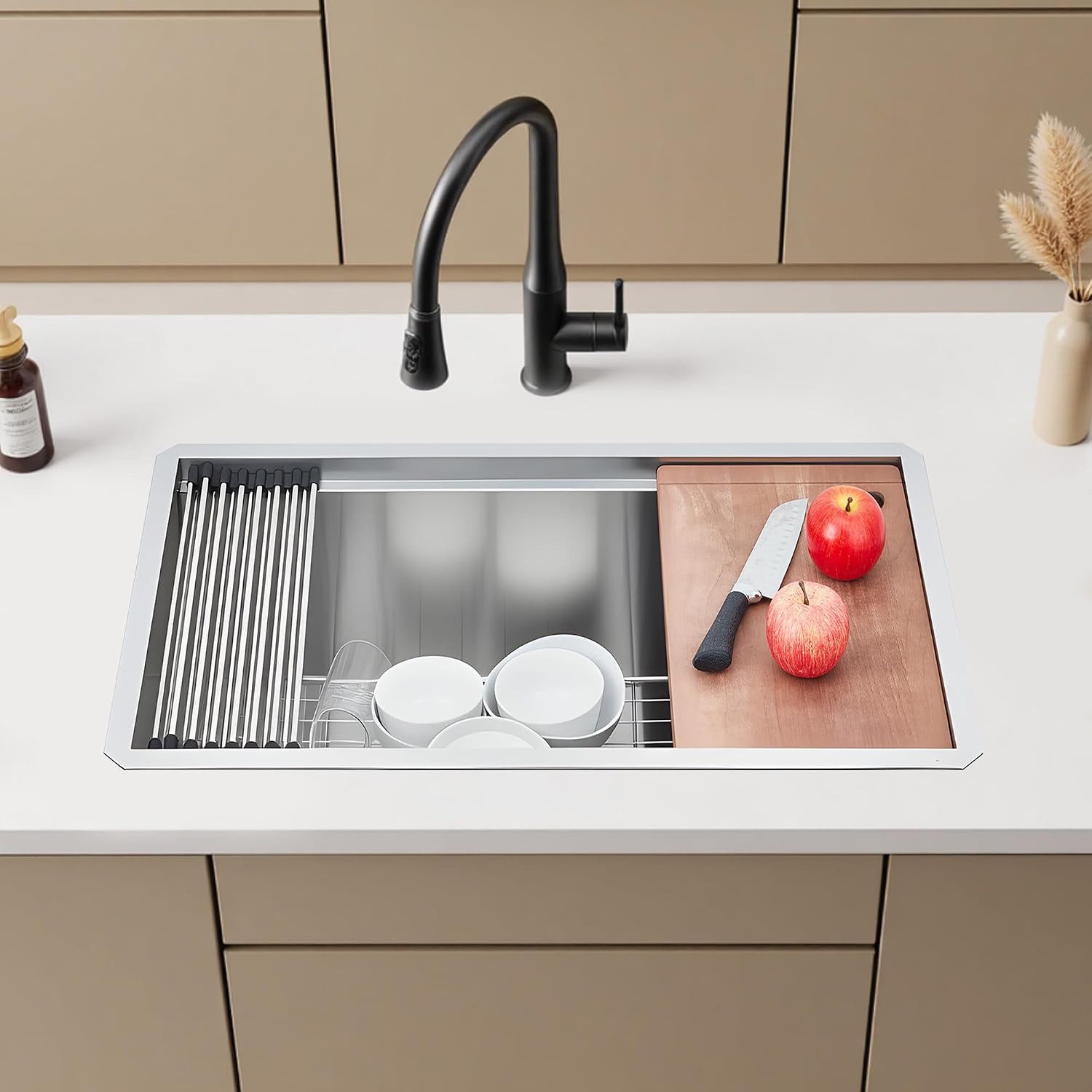 GarveeMore Küchenspüle Edelstahl-Unterbauspüle als Arbeitsstation,Spülbecken, 76/48 cm, Einzelbecken mit Zubehör und integrierten Funktionen – Bild 3 von 5
