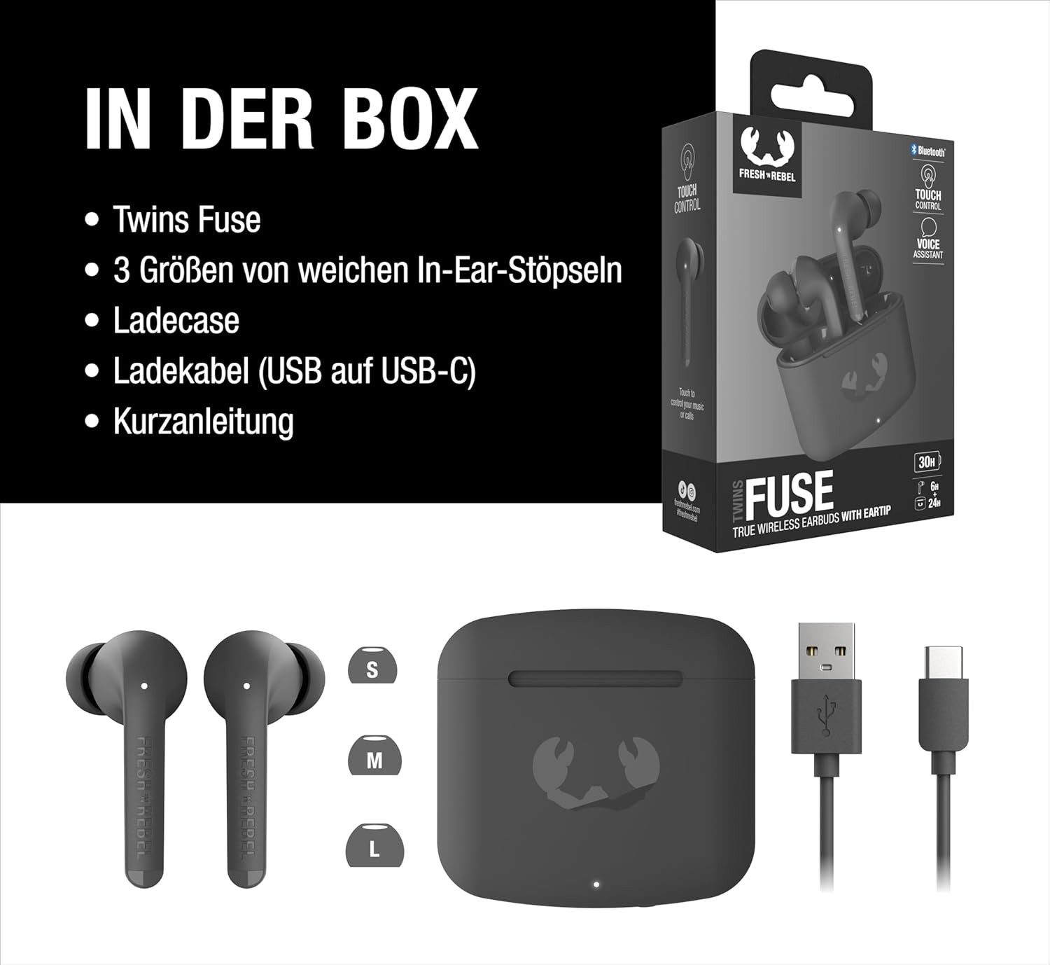 Fresh 'n Rebel True Wireless Kopfhörer mit Touch Steuerung & Mikrofon In-Ear-Kopfhörer (Die stabile Verbindung sorgt für unterbrechungsfreies Streaming, egal ob unterwegs, im Büro oder beim Sport., Bluetooth Headset mit 30h Akku, Sprachassistent und klarem Sound)