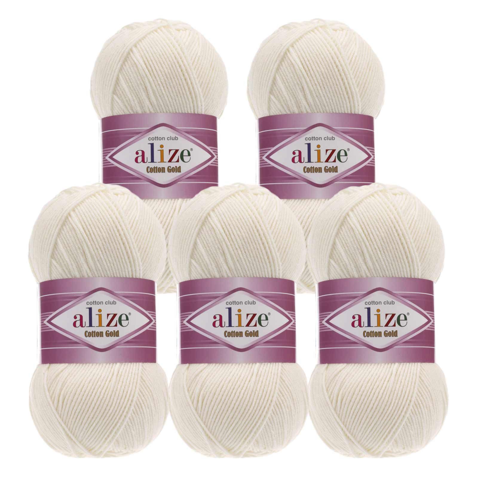 Alize 5 x 100g Strickgarn Alize Cotton Gold Uni Klassikgarn Häkelgarn Häkelwolle, 1650 m, 62 emailleweiß