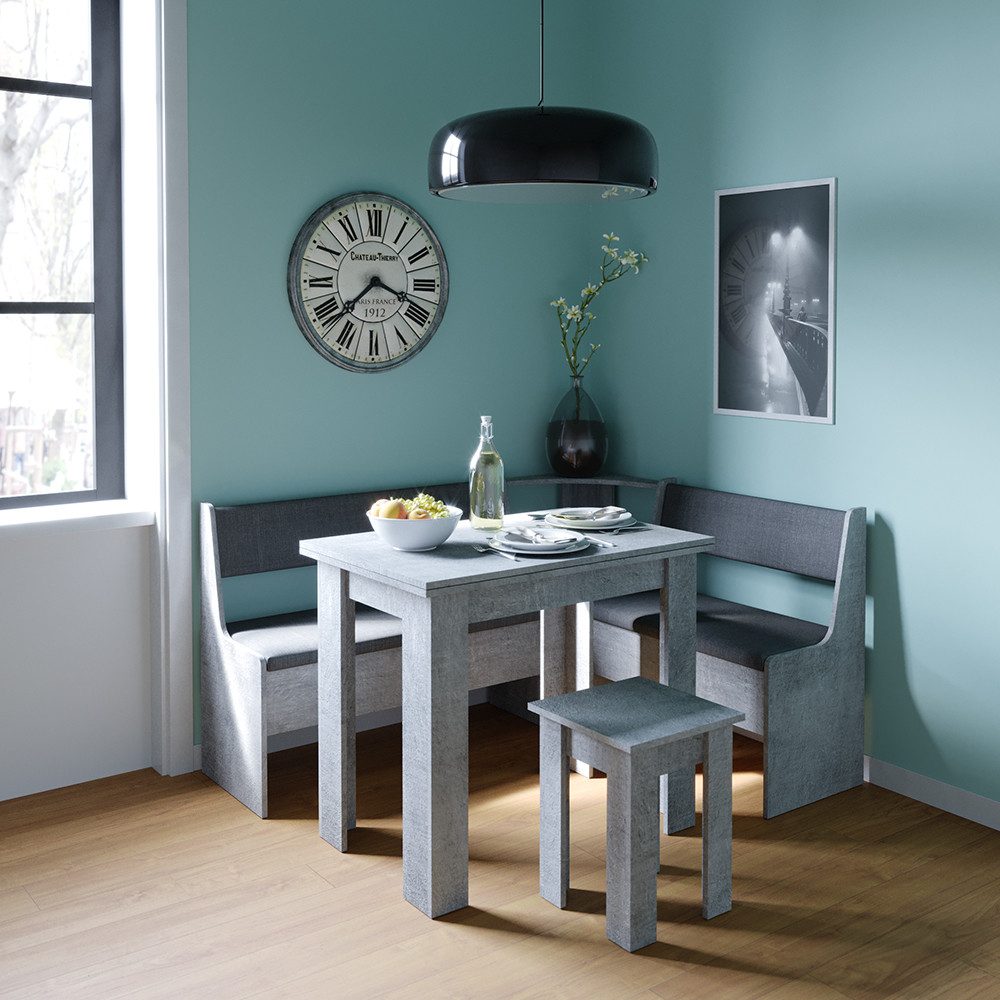 Vicco Sitzgruppe Roman, Beton/Anthrazit, 150 x 120 cm mit Tisch, (Set, 5-tlg., 5-er Set), Ausziehbarer Tisch, mit Polsterung, Stauraum in den Sitzbänken