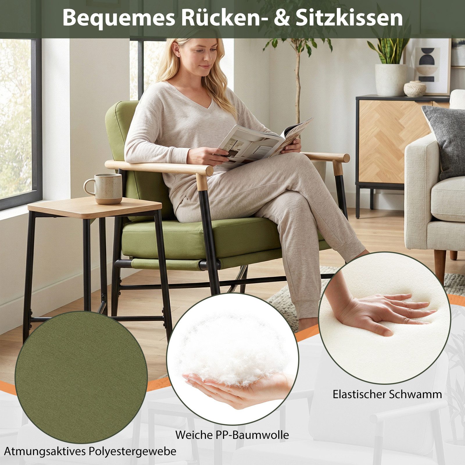 COSTWAY Relaxsessel, Gepolsterter Loungesessel mit Armlehnen, Rückenkissen
