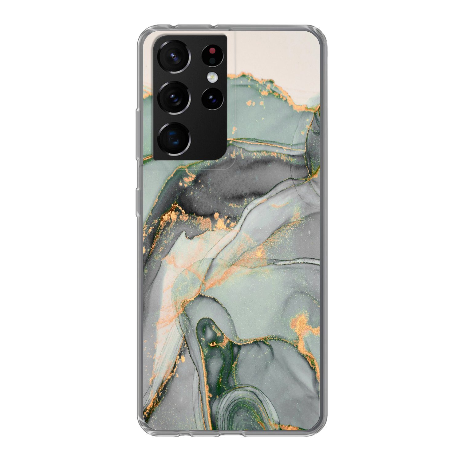 MuchoWow Handyhülle für Samsung Galaxy S21 Ultra Gold - Marmor - Grün - Luxus - Glitzer -, Phone Case, Silikon, Schutzhülle Dünn