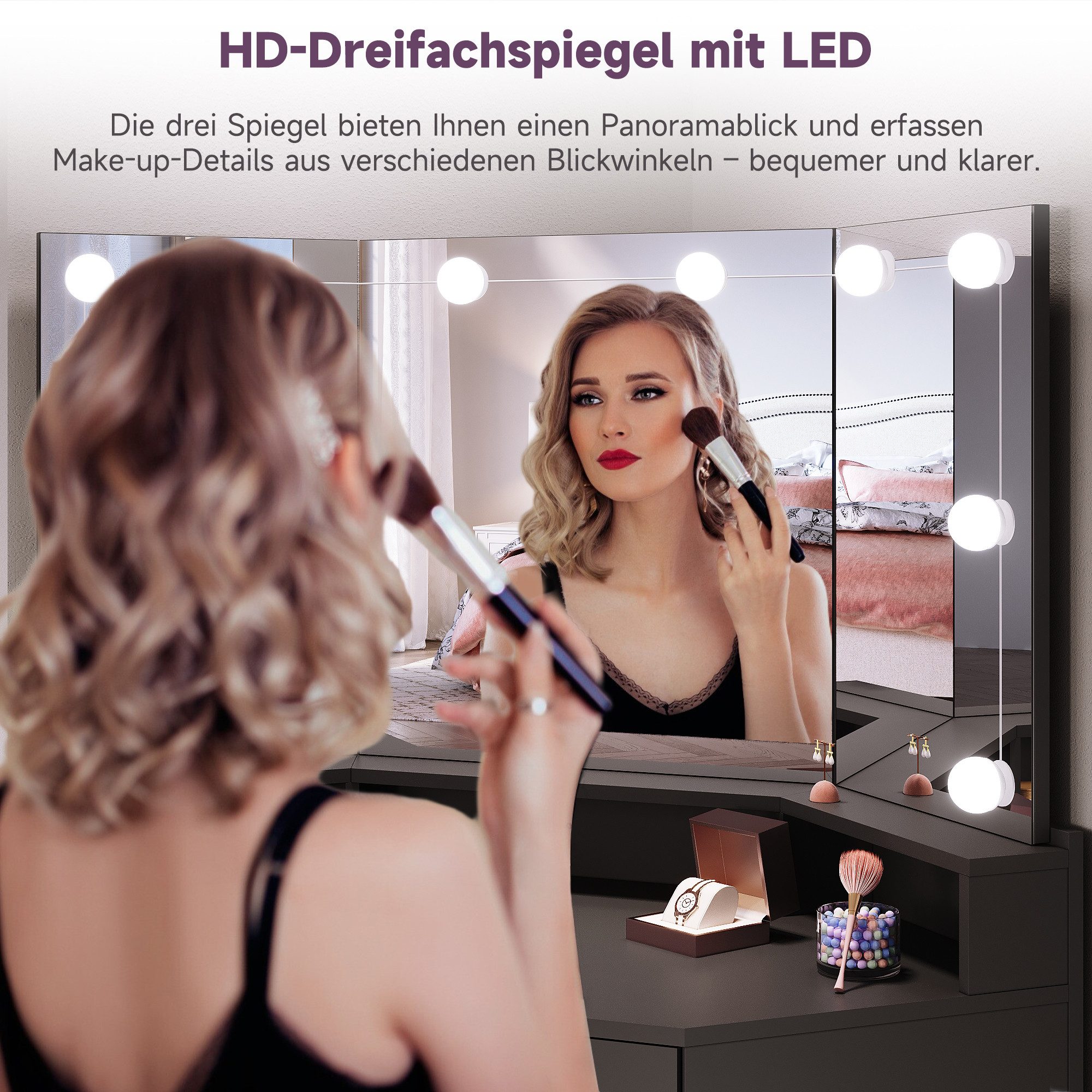 SONNI Schminktisch Eckschminktisch mit/ohne LED-Beleuchtung, Weiß & Schwarz, Eck-Schminktisch, mit LED-Beleuchtung und Spiegel, 110 x 141.5 cm – Bild 5 von 5