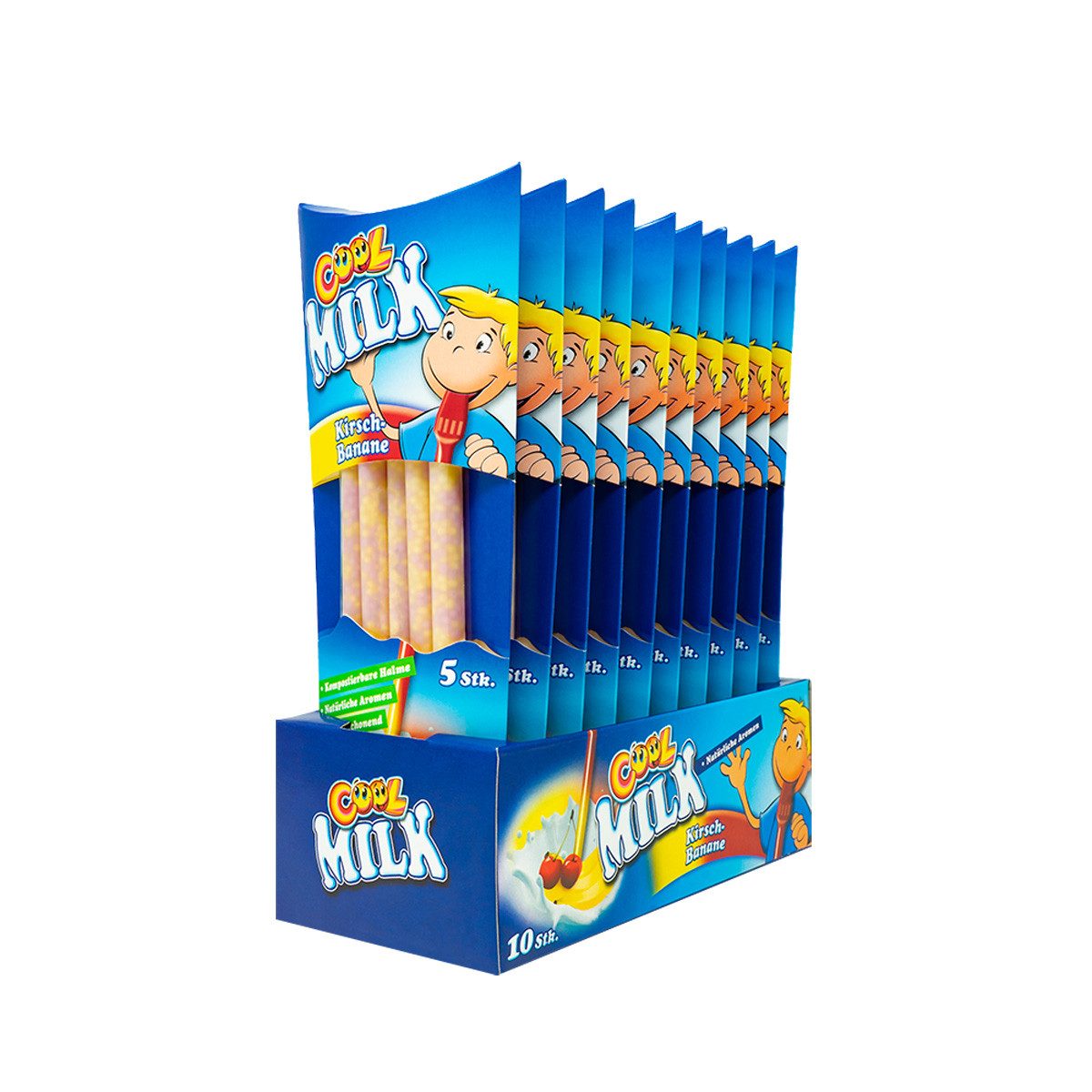 COOL Süßigkeit, Cool Milk Trinkhalm mit Kirsch Banane und Granulat 30g 10er Pack