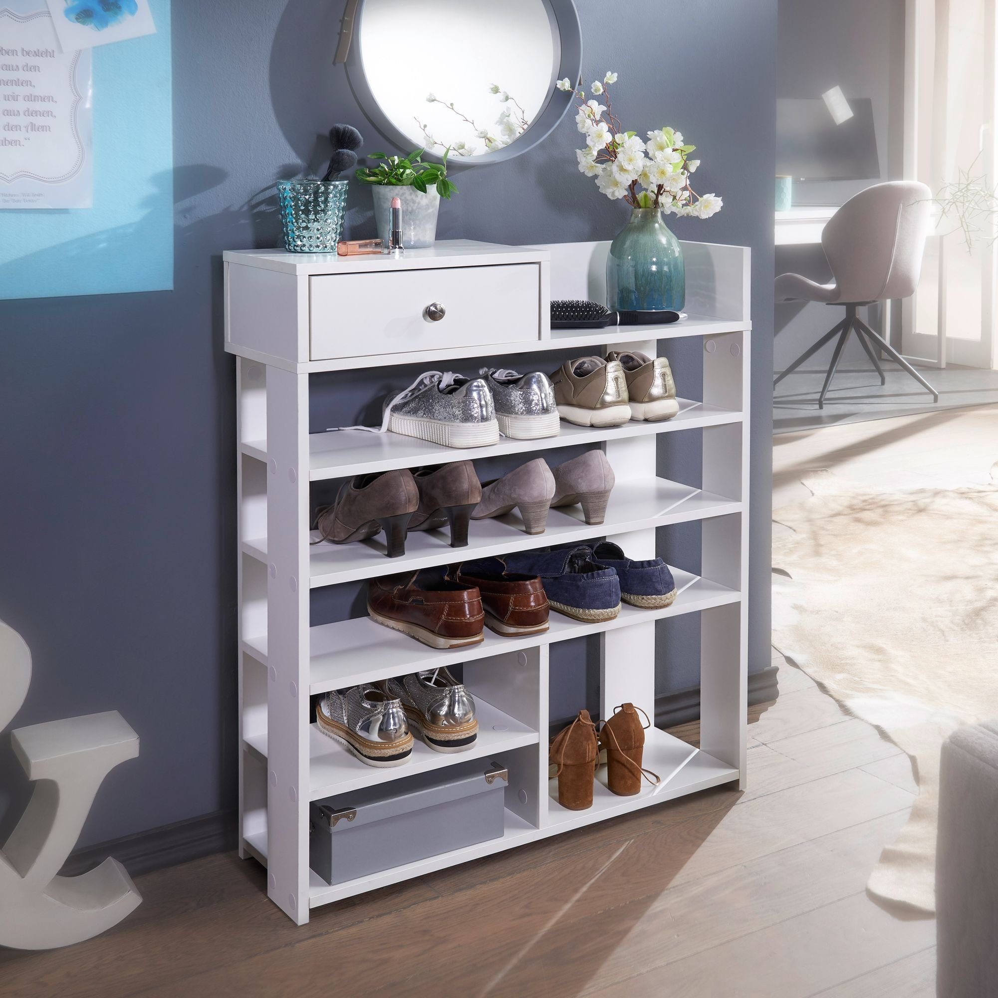 möbelando Schuhschrank Design Schuhregal 75 x 92,5 x 24 cm Flurregal Weiß, Hohes Standregal 24 x 93 x 75 cm (B/H/L)