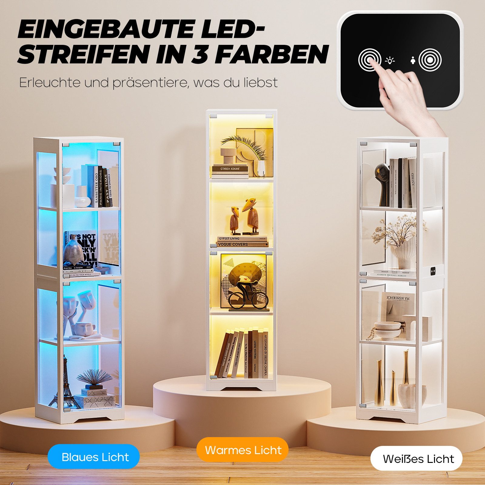 BROTTAR Glasvitrine Ausstellungsschrank mit Glastür, 4-stufiger Kuriosekabinett (1-St) Helligkeitsregelung, einfacher Aufbau mit Kippschutz – Bild 5 von 5