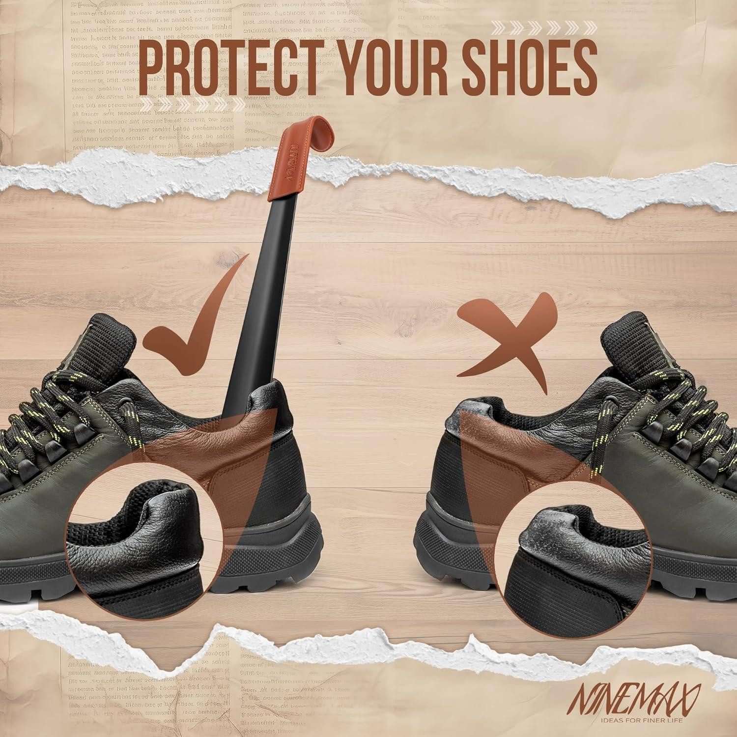 NINEMAX Schuhlöffel Schuhlöffel Metall Lang 42cm Schwarz Ledergriff Shoe Horn