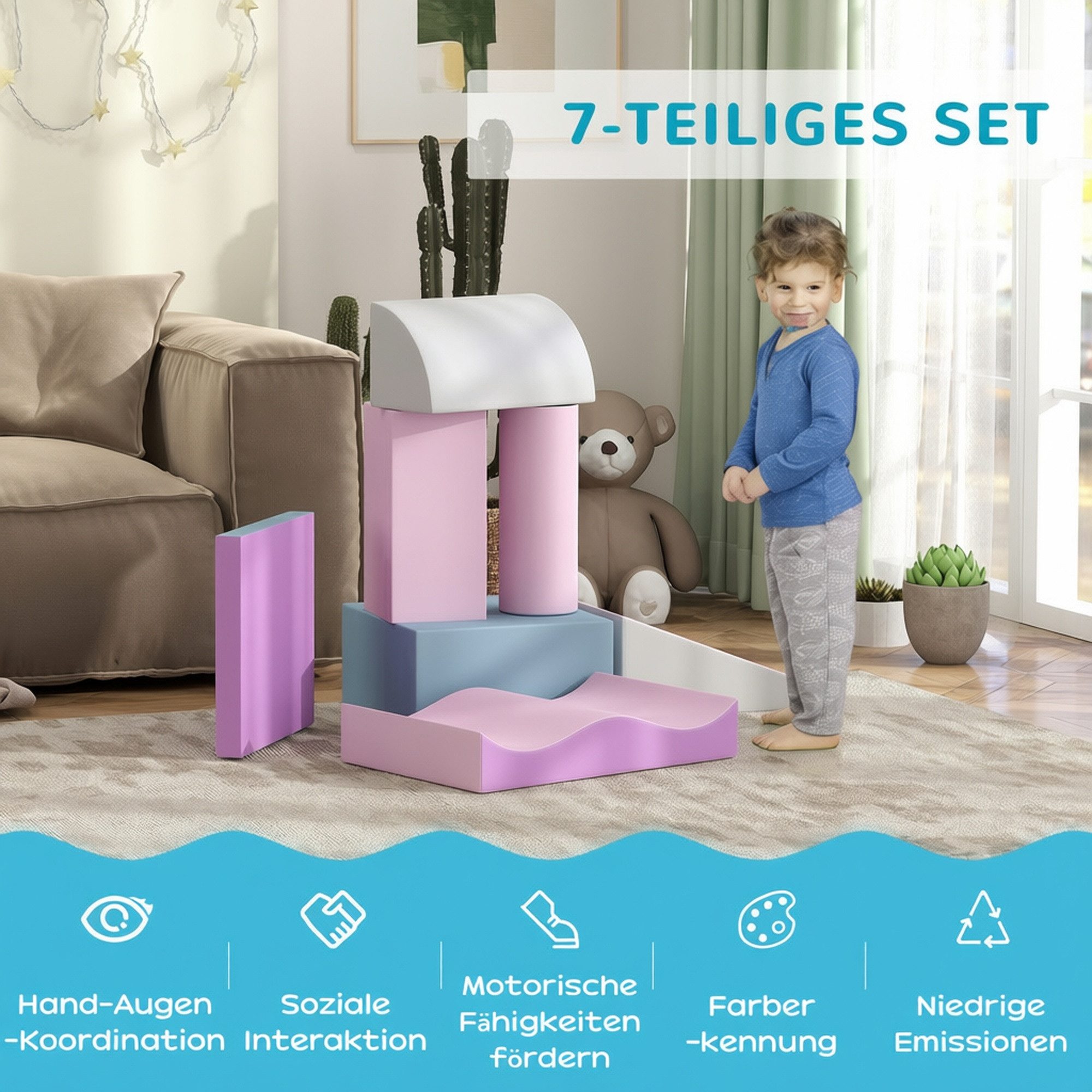 HOMCOM Schaumstoff Bausteine Toben & Klettern Bauspielzeug Schloss-Set Spielbausteine, (Riesenbausteine, 7 St., Bausteinset), für Kinderzimmer und Kindergarten, – Bild 5 von 5