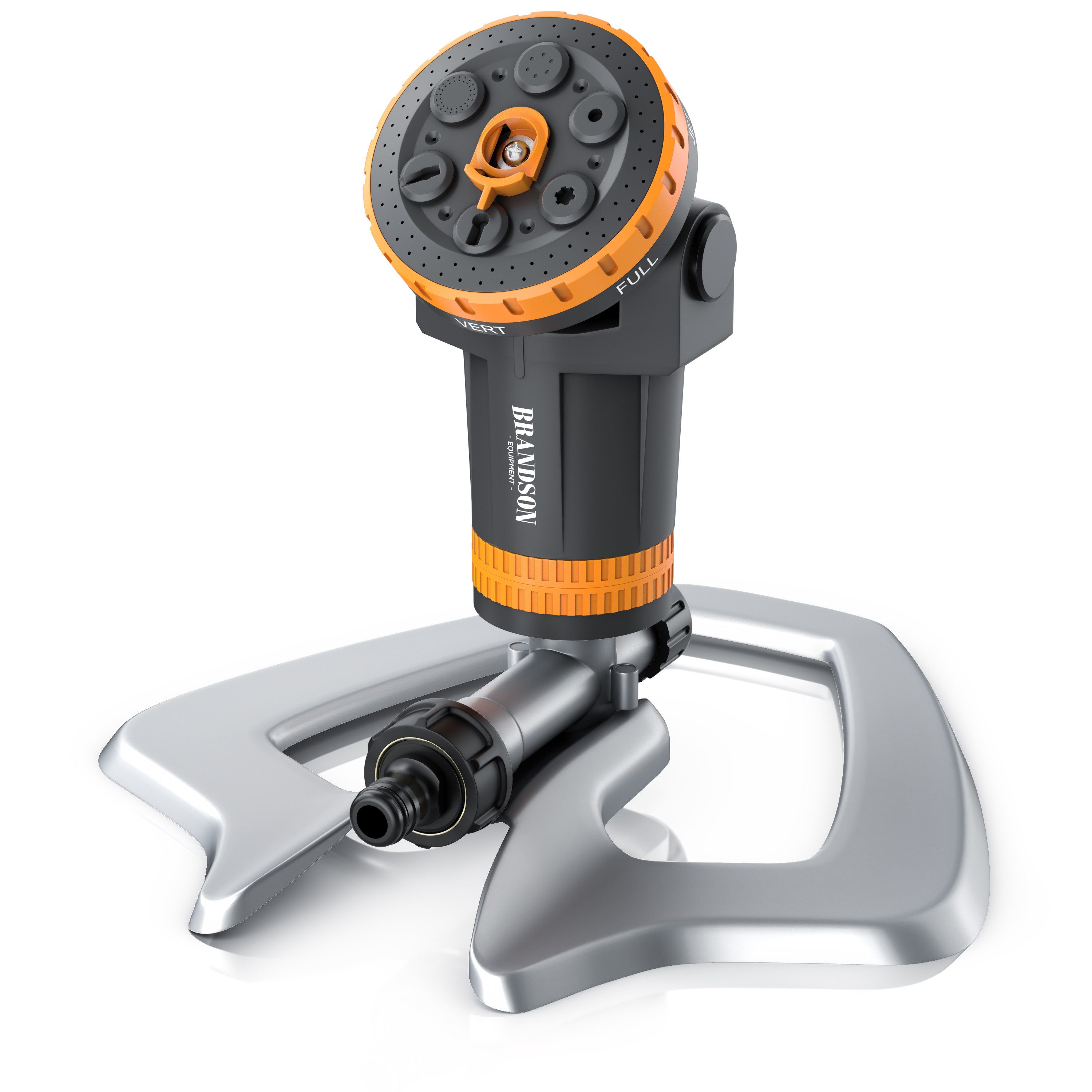Brandson Vielflächenregner Garten Sprinkler, 360° Rasensprenger, 6 Sprühmuster, 200m² Bewässerung, für Flächen bis 200 m², (1-St., mit 1/2 Zoll Schnellanschlussadapter & Metall Bodenplatte), Rasensprinkler, 15°-360° Sektor, 8 m Radius, Arbeitsdruck 5 bar