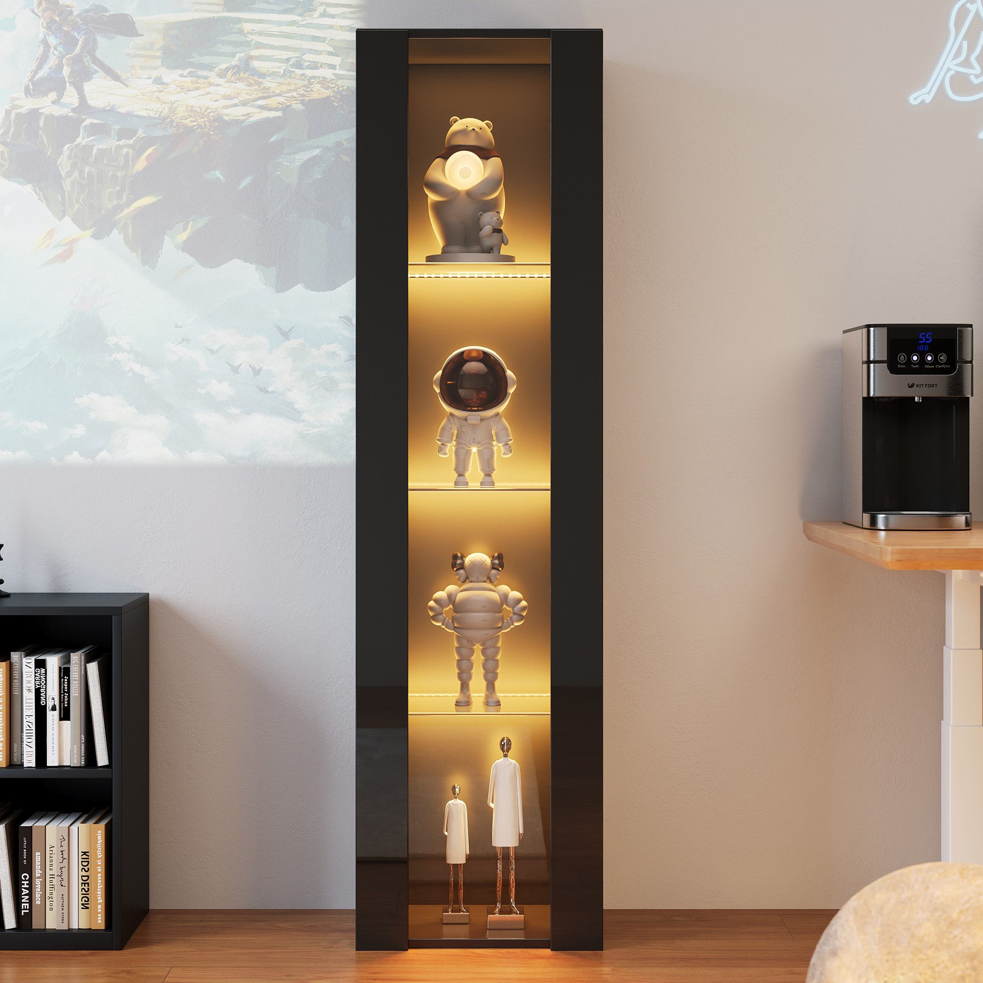 Merax Vitrine Glasvitrine mit LED-Beleuchtung inkl.Fernbedienung (1-St., 40x29x170 cm) Vitrinenschrank Standvitrine mit Glastrennwand und Acrylfront