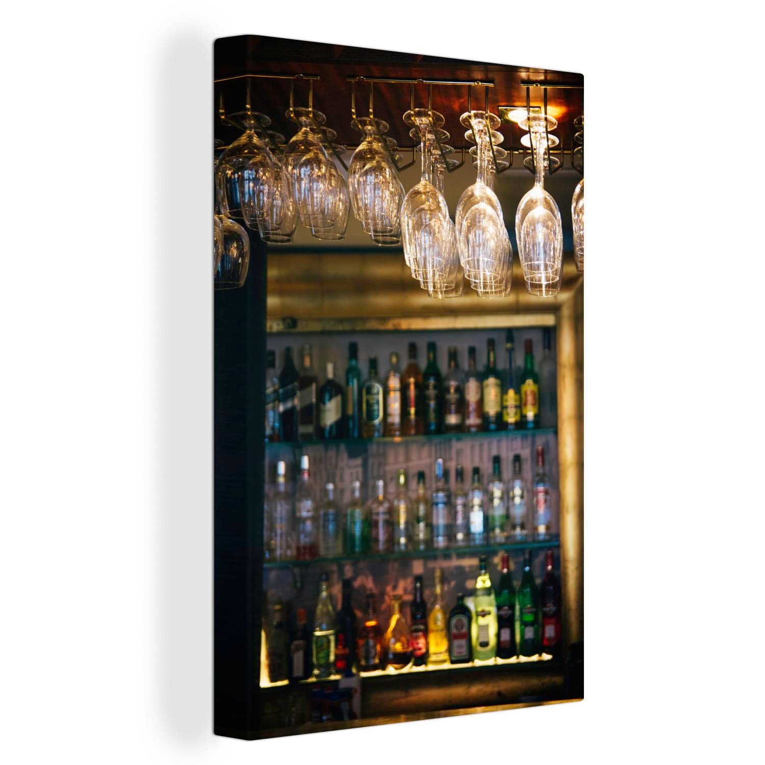 OneMillionCanvasses® Leinwandbild Hängende Gläser in Bar, inkl. (1 Leinwandbild Gemälde, fertig einer bespannt cm 20x30 St), Zackenaufhänger