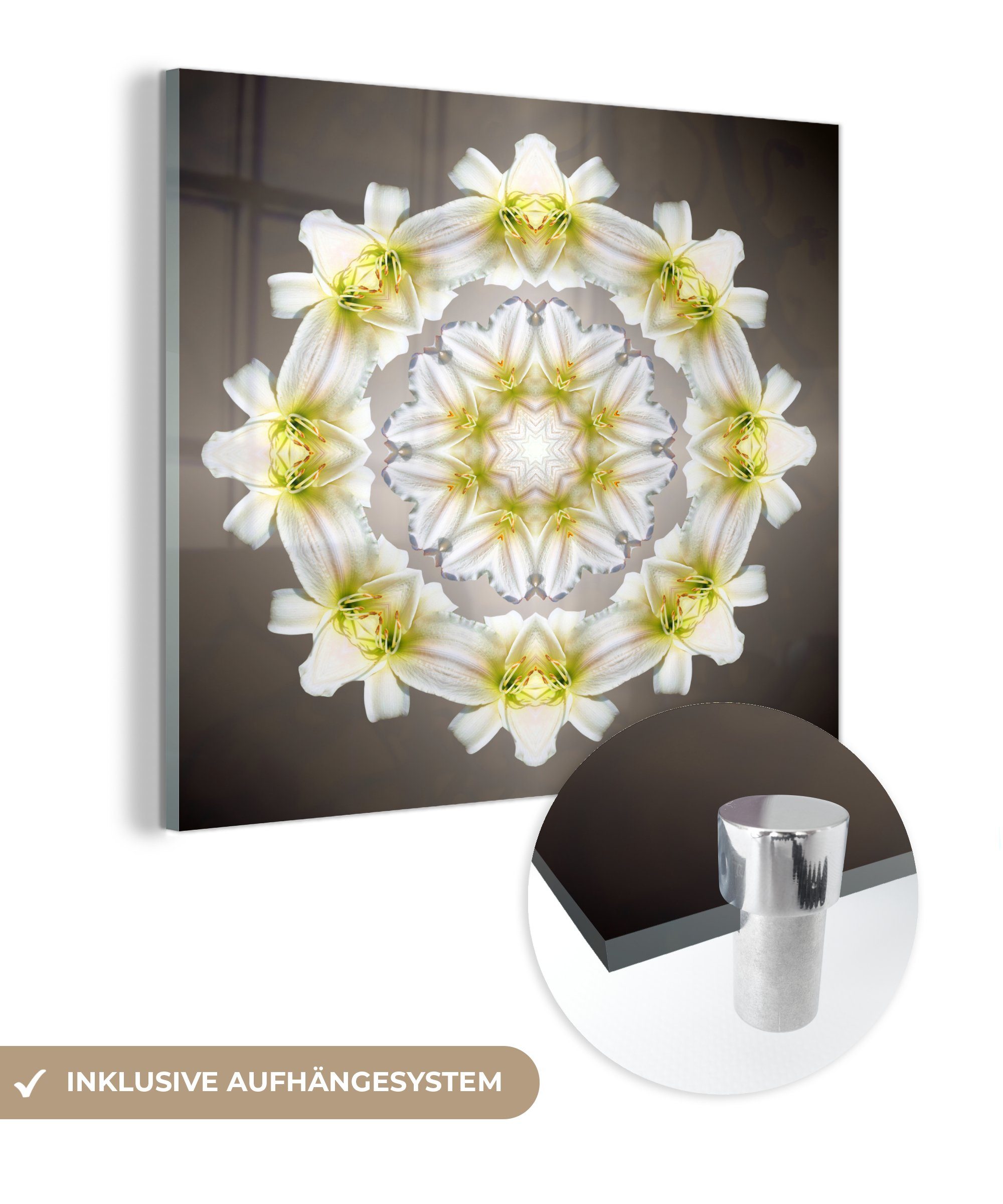 MuchoWow Acrylglasbild Eine weiße Blume in Form eines Mandalas, (1 St), Glasbilder - Bilder auf Glas Wandbild - Foto auf Glas - Wanddekoration