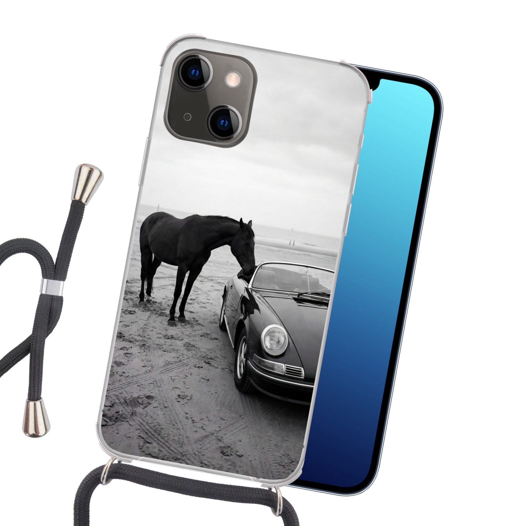 MuchoWow Handyhülle für Apple iPhone 13 Mini Pferd - Auto - Schwarz - Weiß, Tragbare Handyhüllen mit Kette zum umhängen, Handykette Handyband