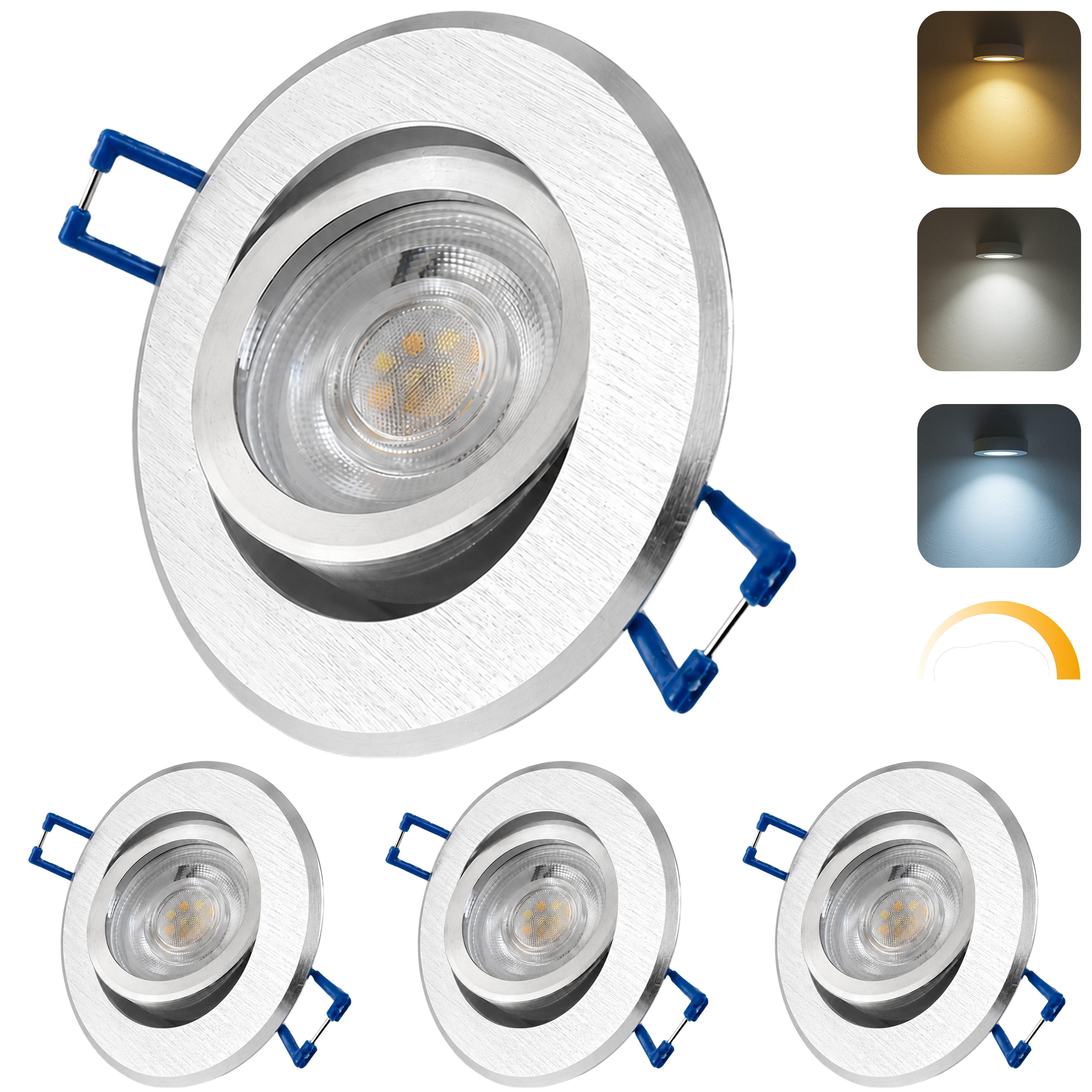 Sweet LED LED Einbaustrahler flach schwenkbar Modul 3-CCT 3er Set LED Deckenspots 230V 5W Dimmbar, 3000K warmweiß/ 4000K neutralweiß/ 6500K kaltweiß, Deckenspots, Ø 85 mm, Einbauleuchte