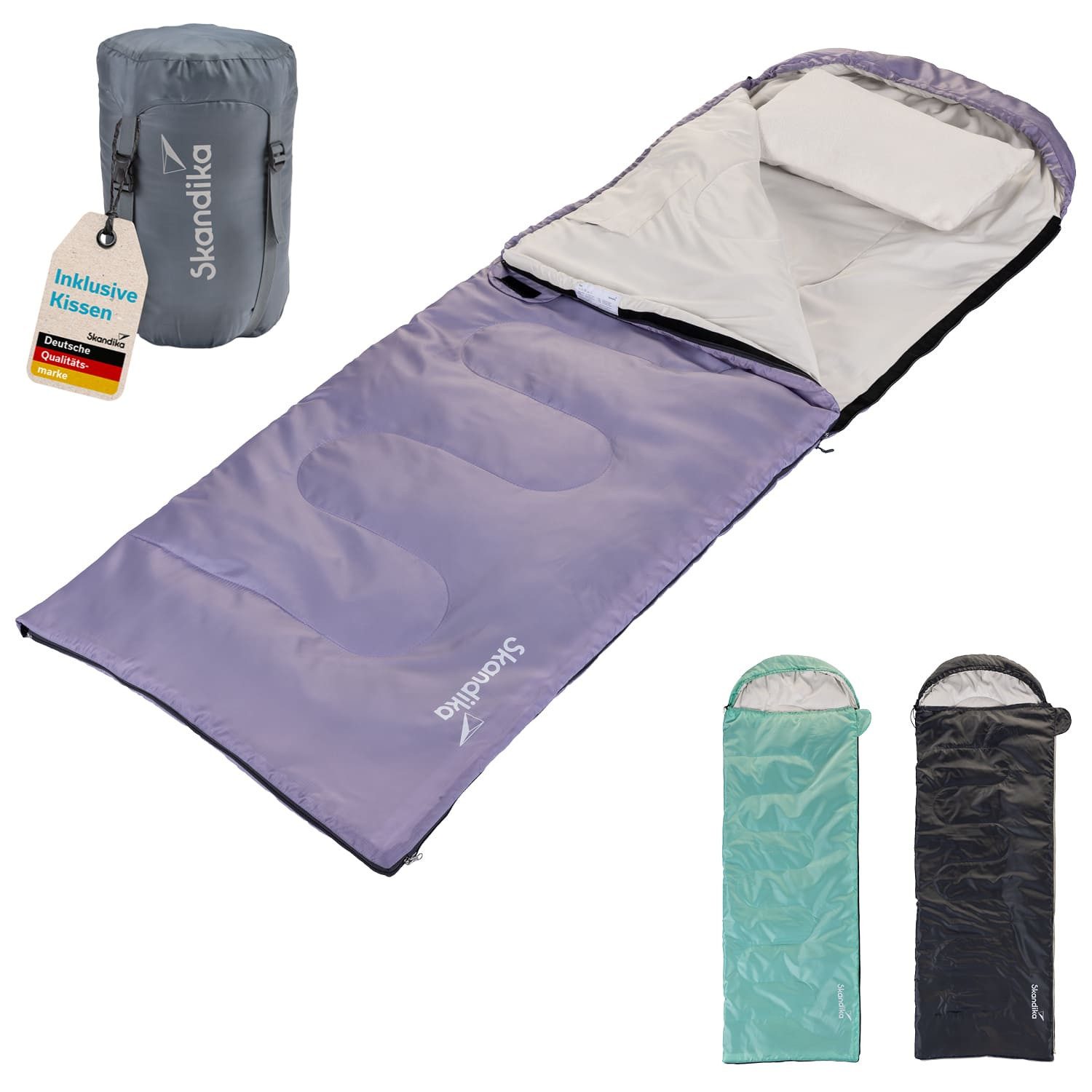 Skandika Schlafsack Schlafsack Rechteckiger Skye, 3 Jahreszeiten, Innentasche mit Klett (Packsack mit Kompressionsbändern und Schutzhaube), mit Kissen, koppelbar, 220 x 75 cm, 250g/m² Mikrofaserfüllung